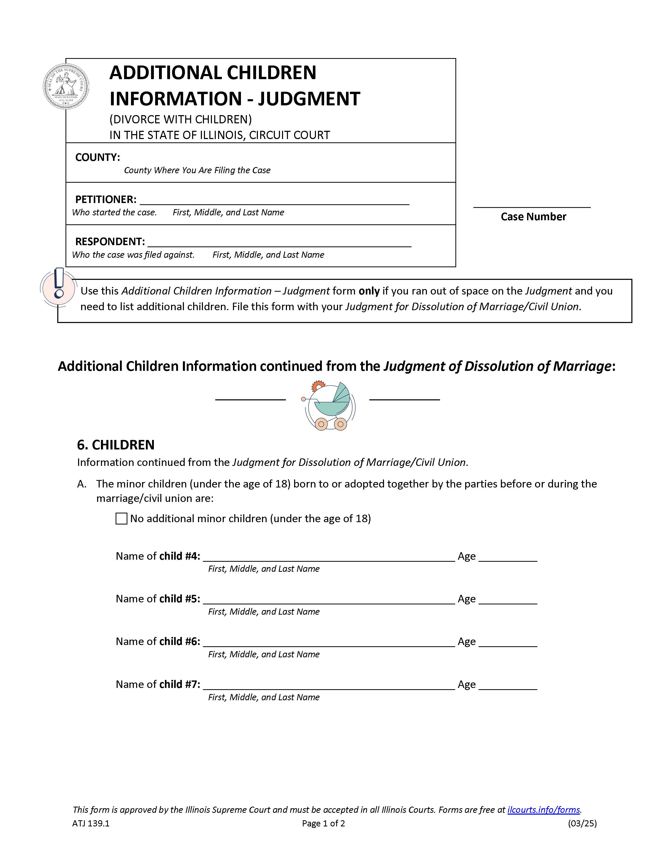 Additional Children Information - Judgment (Divorce With Children) {ATJ 139.1} | Pdf Fpdf Docx | Illinois