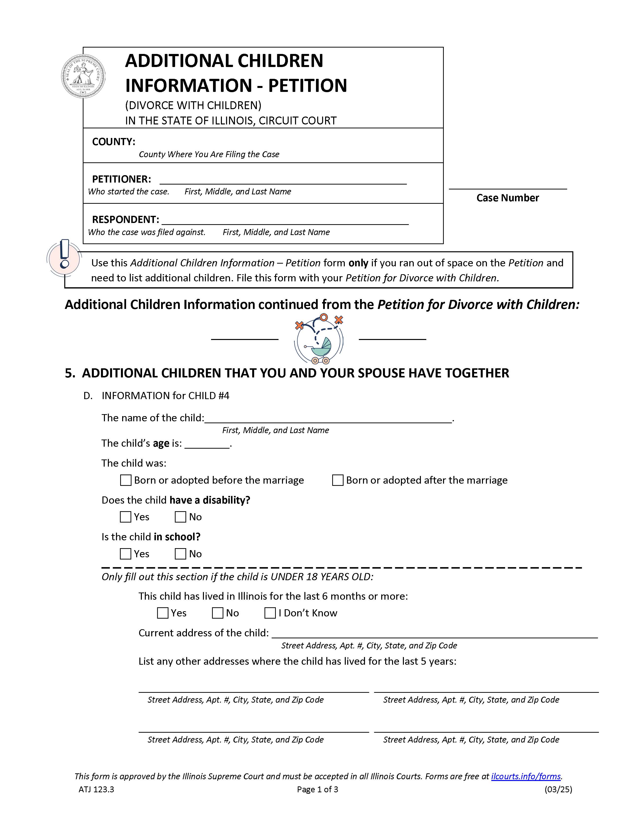 Additional Children Information - Petition (Divorce With Children) {ATJ 123.3} | Pdf Fpdf Docx | Illinois