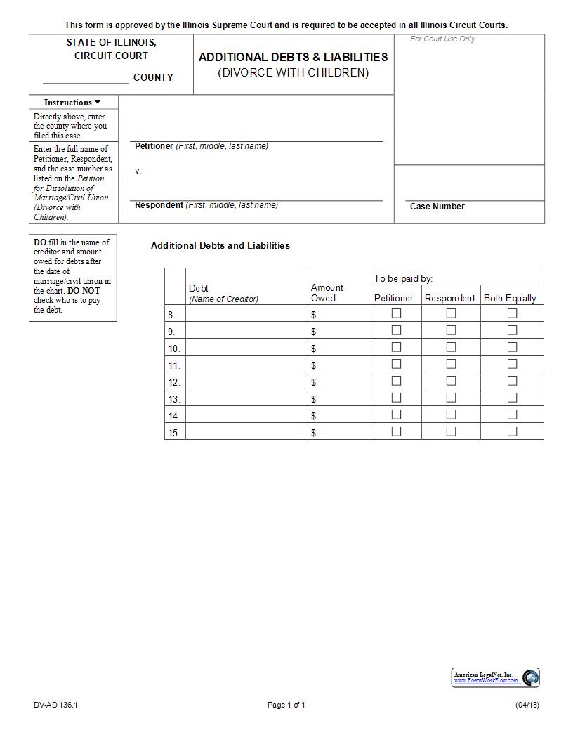Additional Debts And Liabilities (Divorce With Children) {DV-AD 136.1} | Pdf Fpdf Docx | Illinois