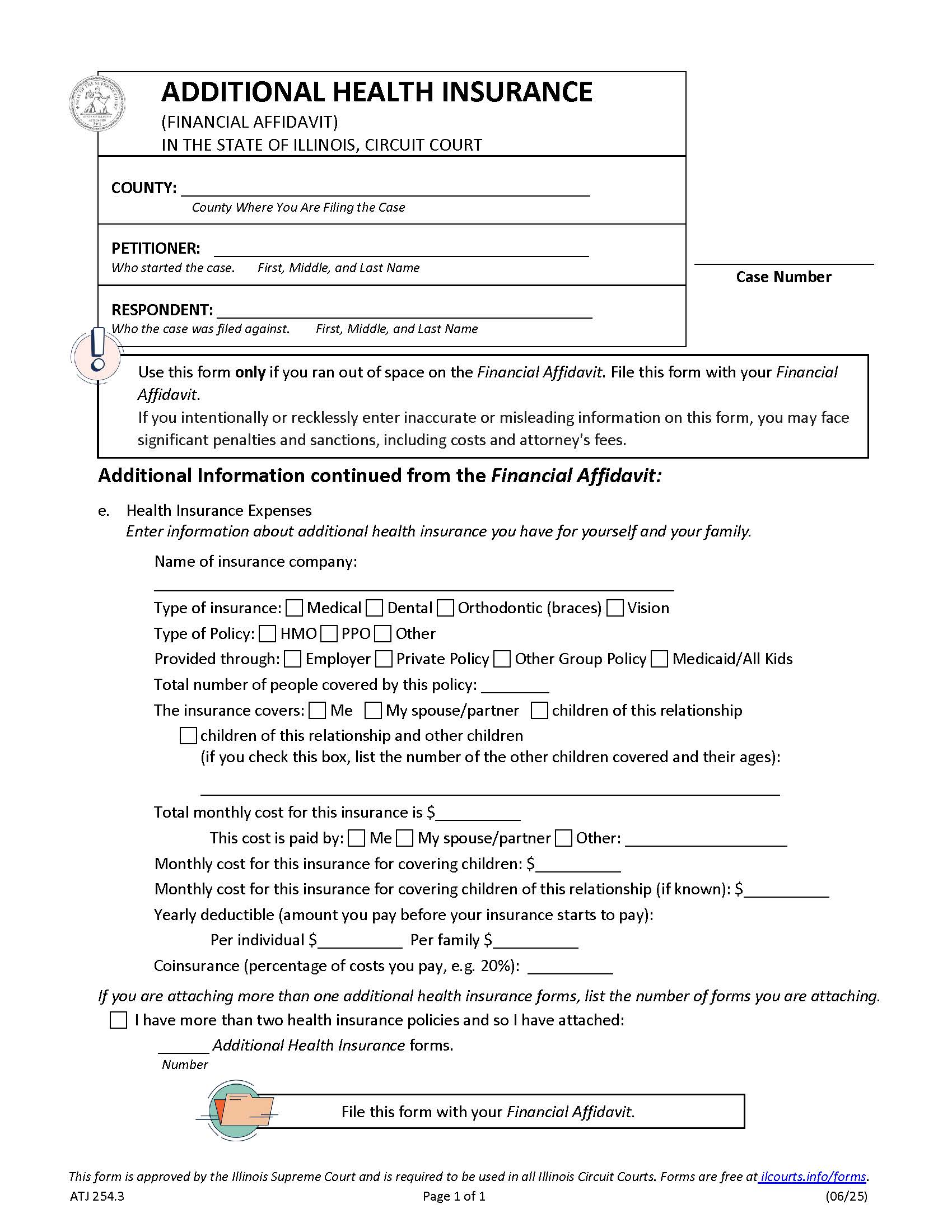 Additional Health Insurance (Financial Affidavit) {ATJ 254.3} | Pdf Fpdf Docx | Illinois