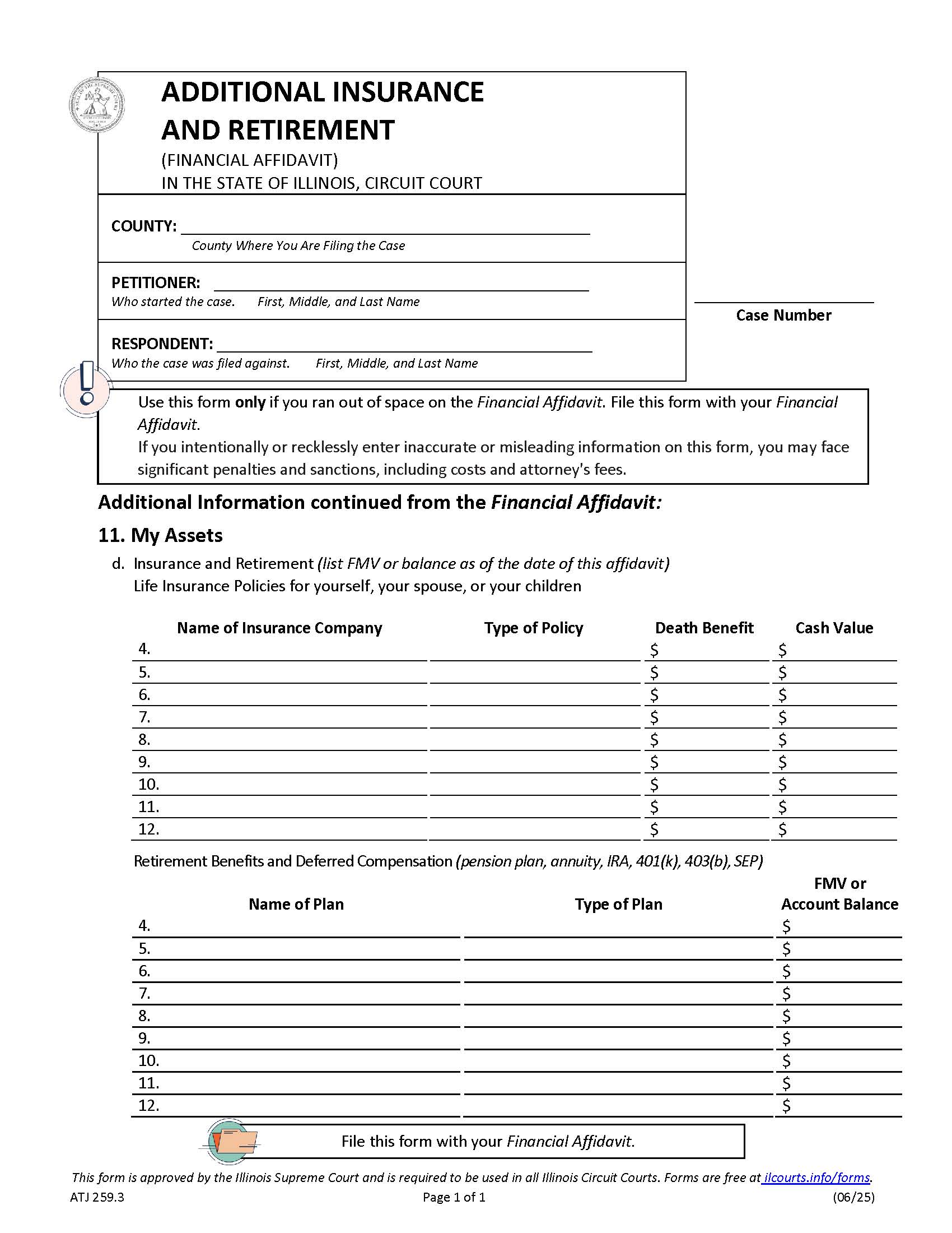 Additional Insurance And Retirement (Financial Affidavit) {ATJ 259.3} | Pdf Fpdf Docx | Illinois
