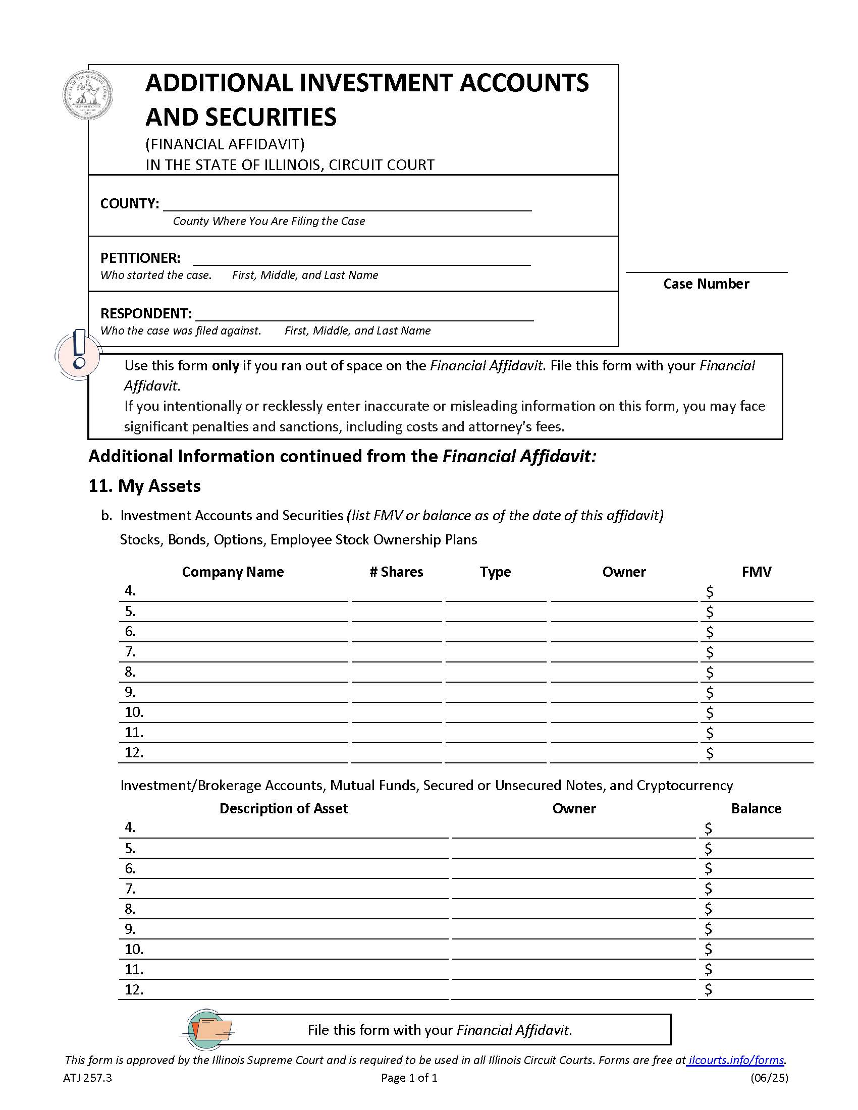Additional Investment Accounts And Securities (Financial Affidavit) {ATJ 257.3} | Pdf Fpdf Docx | Illinois