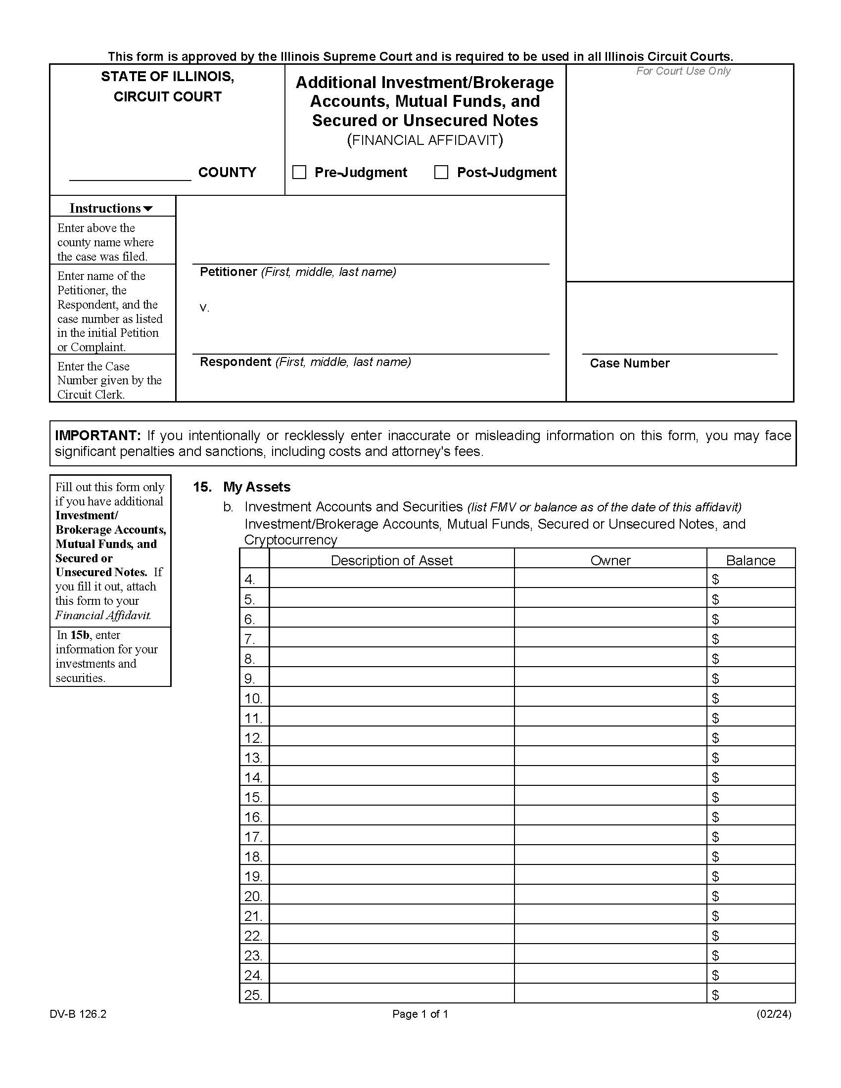 Additional Investment-Brokerage Mutual Funds Secured Unsecured Notes (Financial Affidavit) {DV-B 126.2} | Pdf Fpdf Docx | Illinois