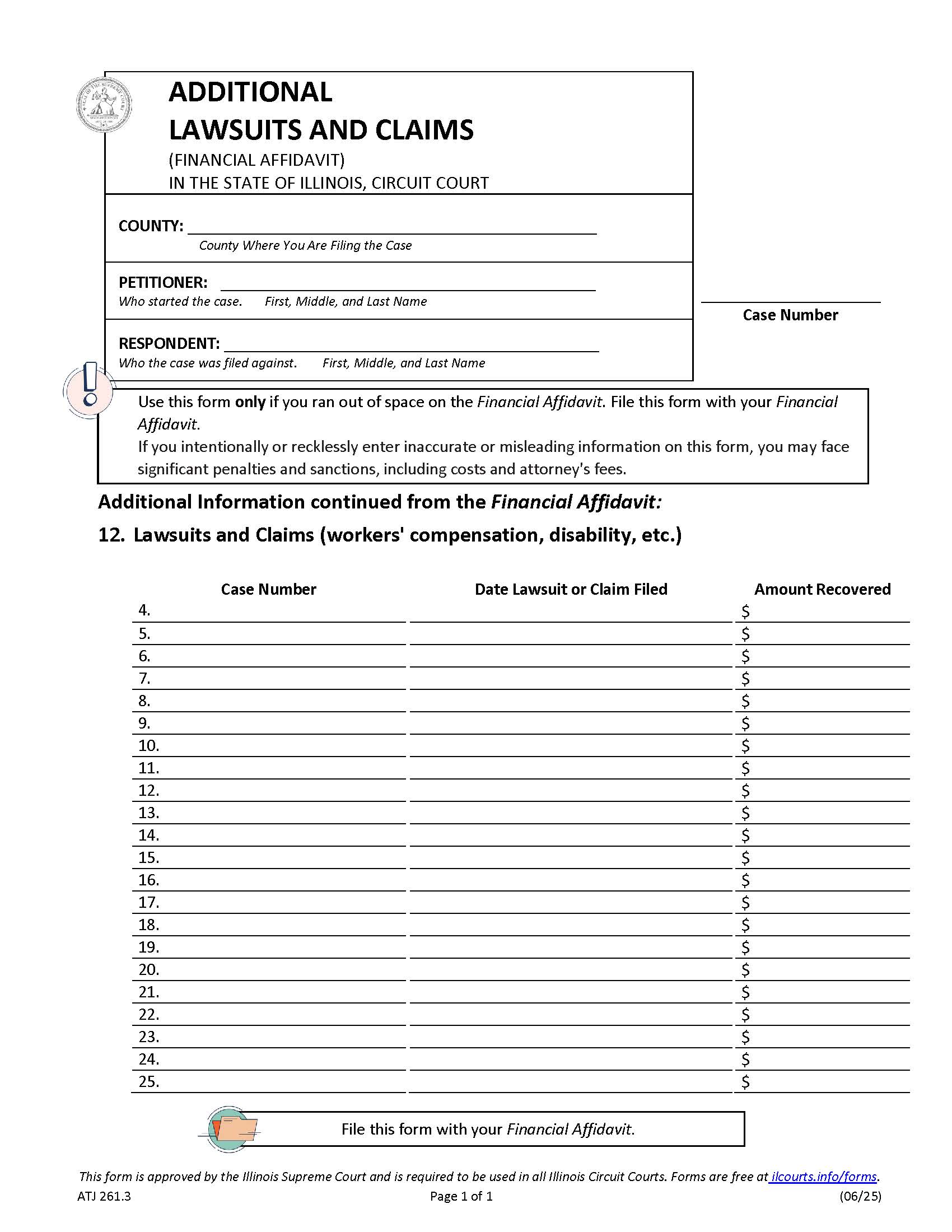 Additional Lawsuits And Claims (Financial Affidavit) {ATJ 261.3} | Pdf Fpdf Docx | Illinois