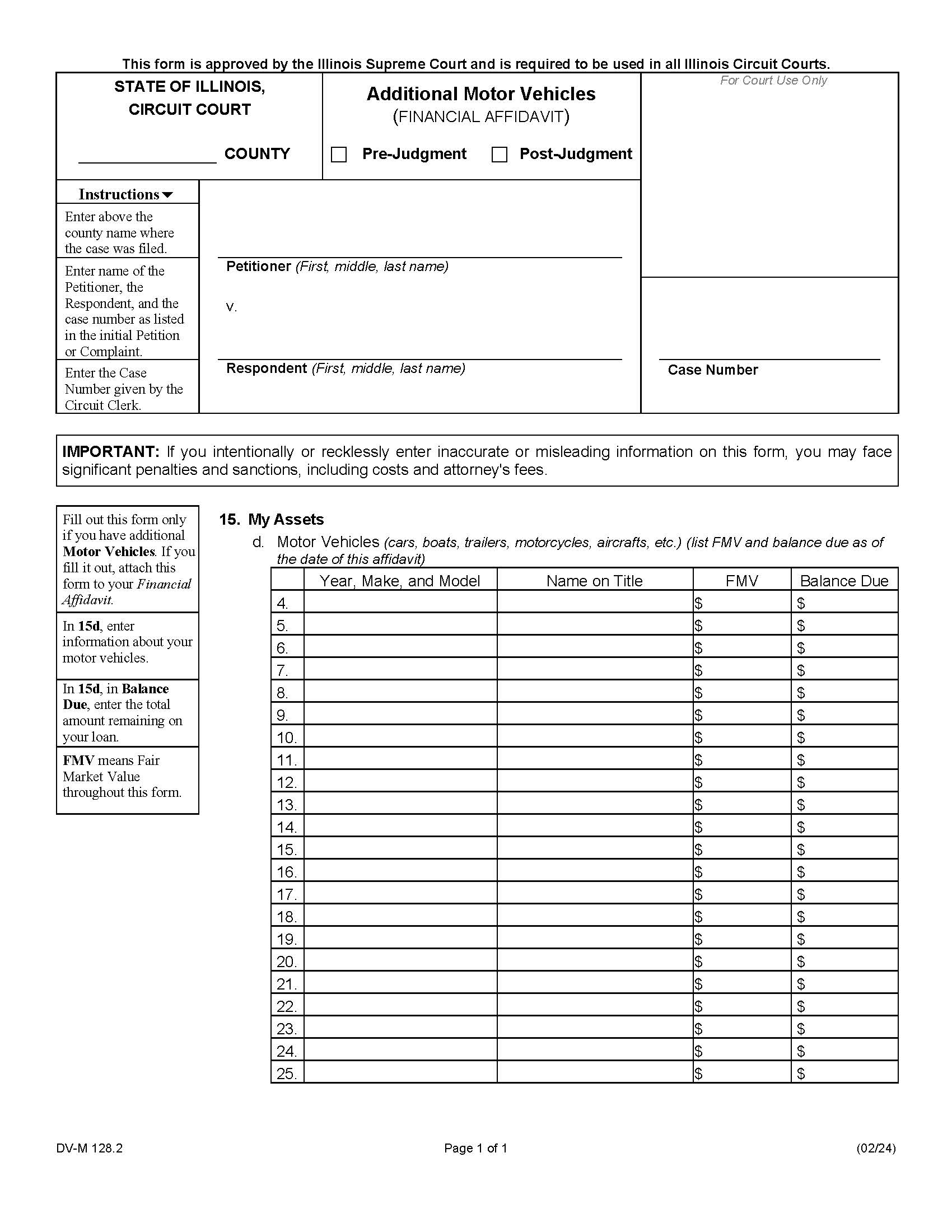 Additional Motor Vehicles (Financial Affidavit) {DV-M 128.2} | Pdf Fpdf Docx | Illinois