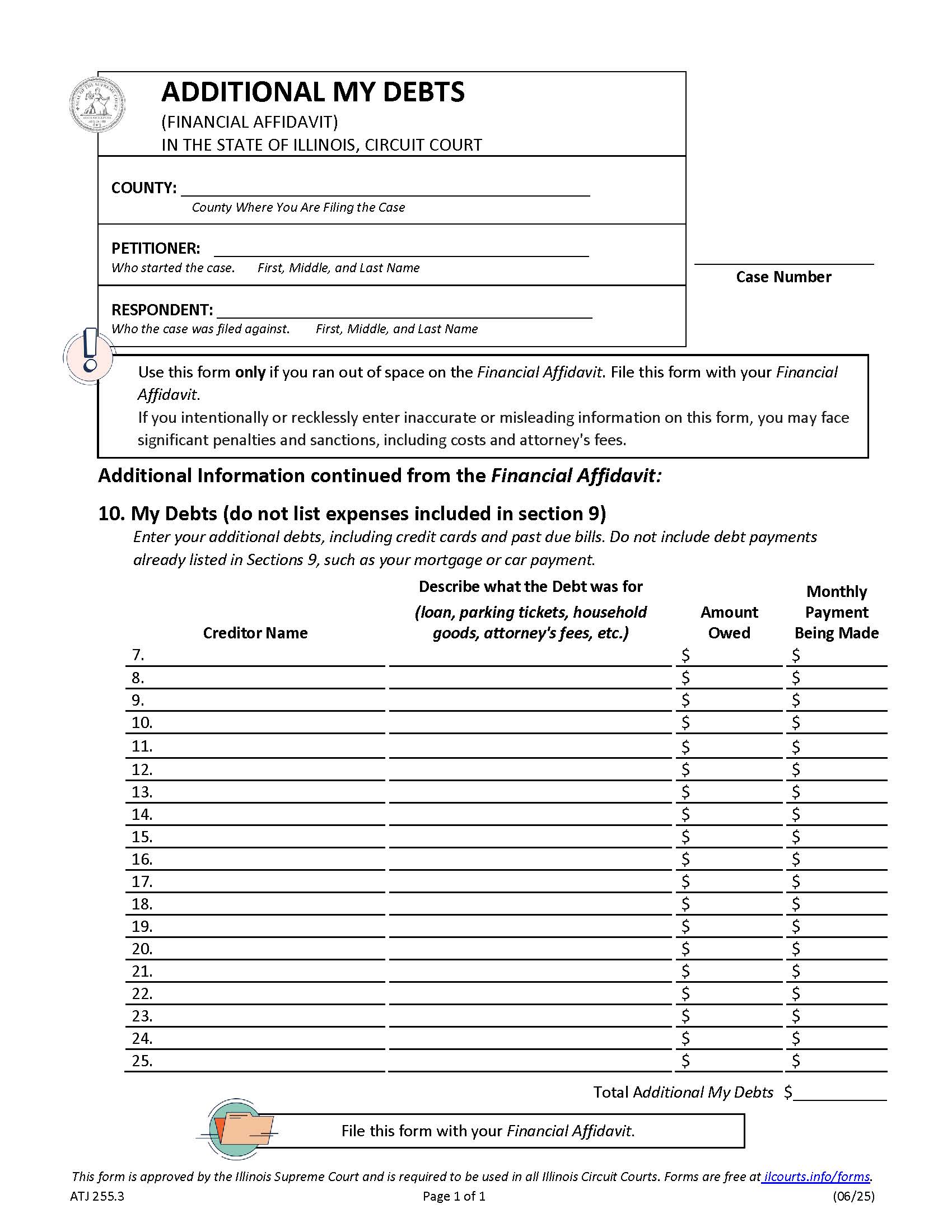 Additional My Debts (Financial Affidavit) {ATJ 255.3} | Pdf Fpdf Docx | Illinois