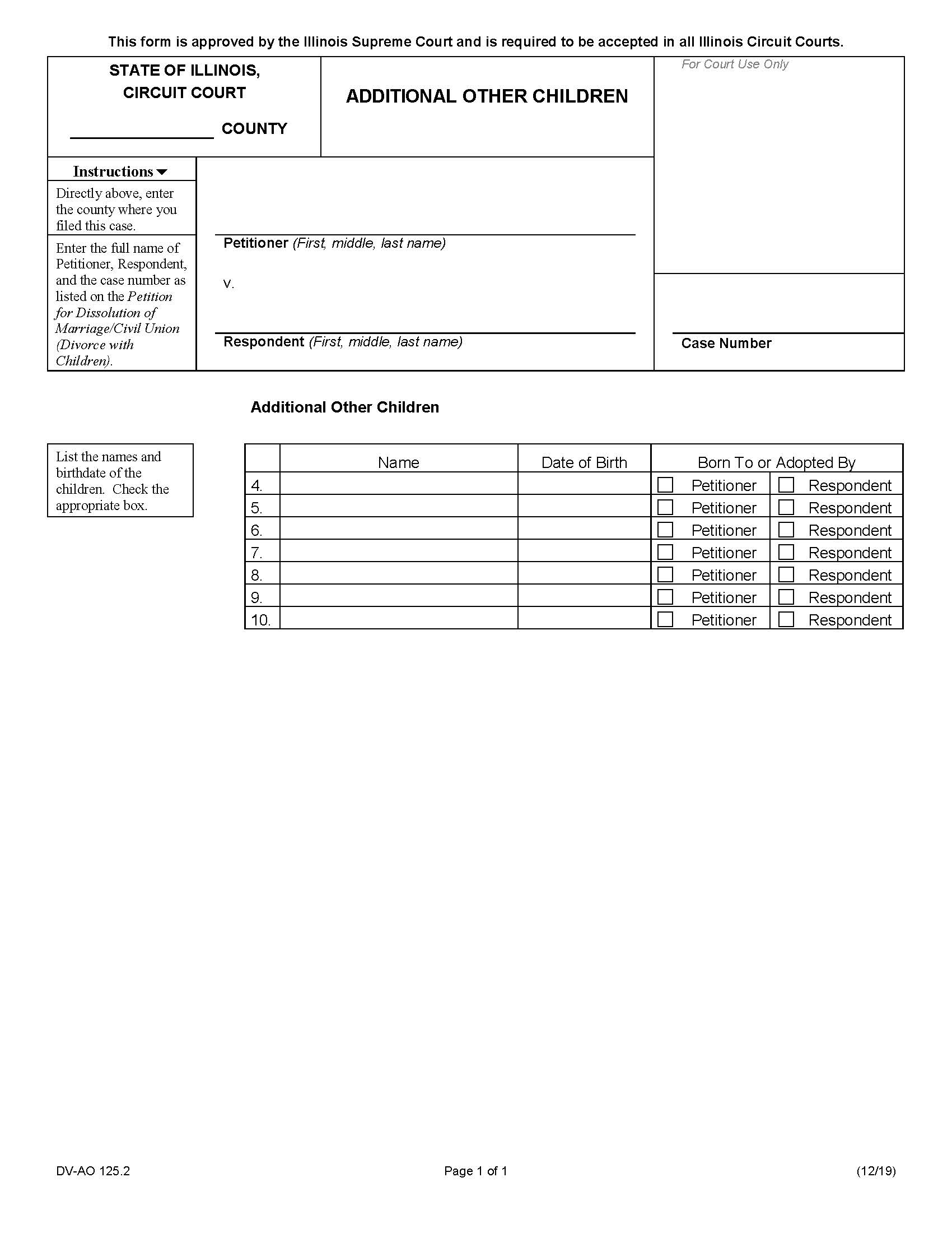 Additional Other Children (Divorce With Children) {DV-AO 125.2} | Pdf Fpdf Docx | Illinois