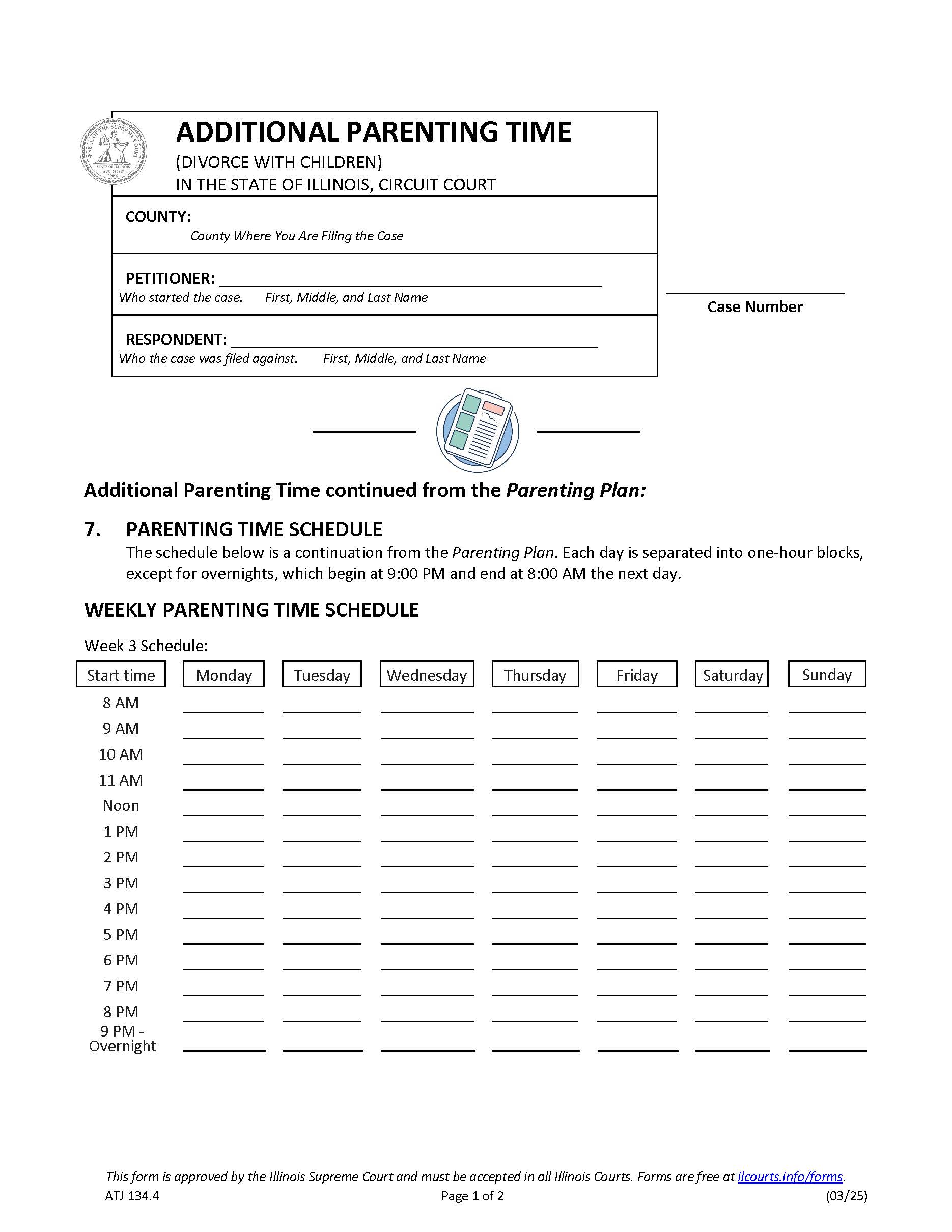 Additional Parenting Time (Divorce With Children) {ATJ 134.4} | Pdf Fpdf Docx | Illinois