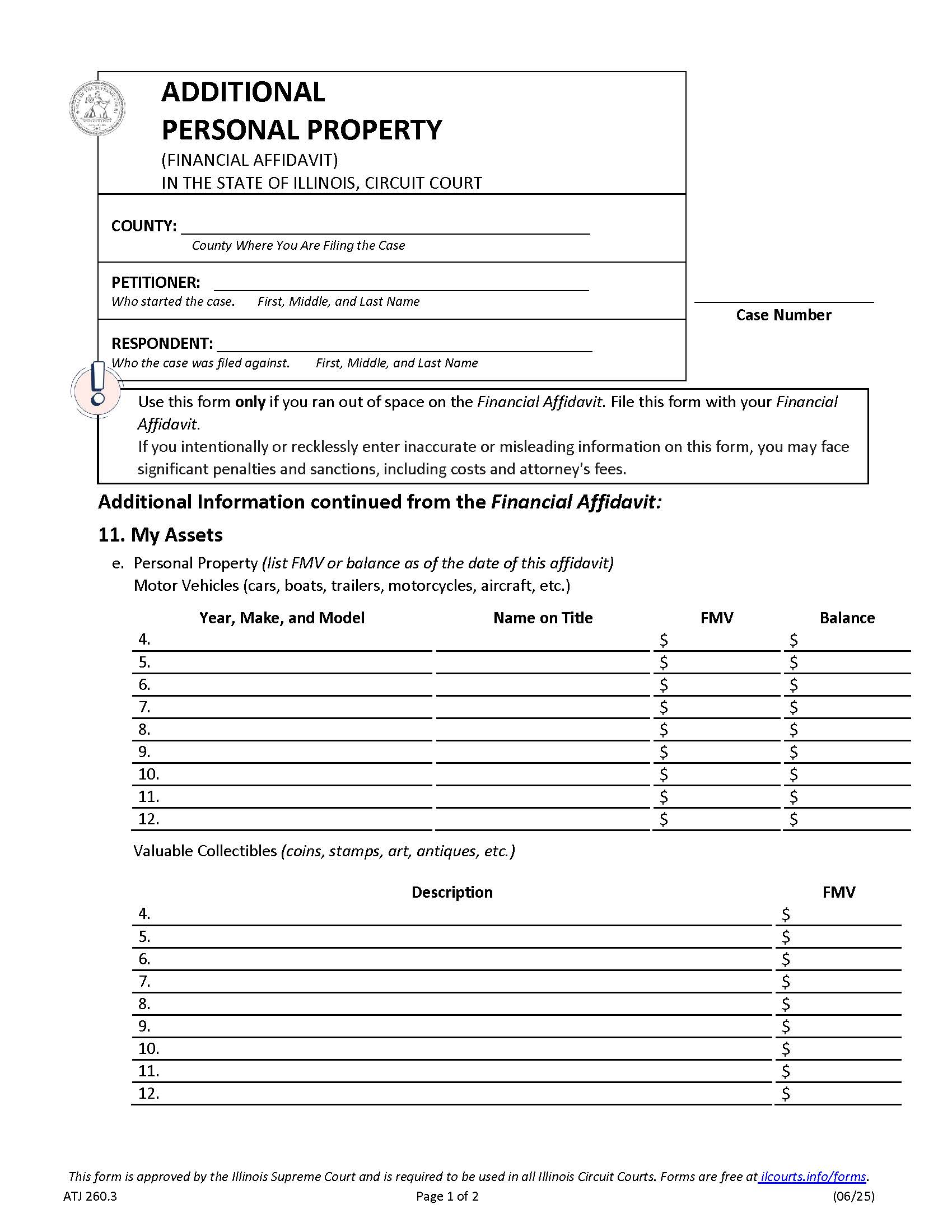 Additional Personal Property (Financial Affidavit) {ATJ 260.3} | Pdf Fpdf Docx | Illinois