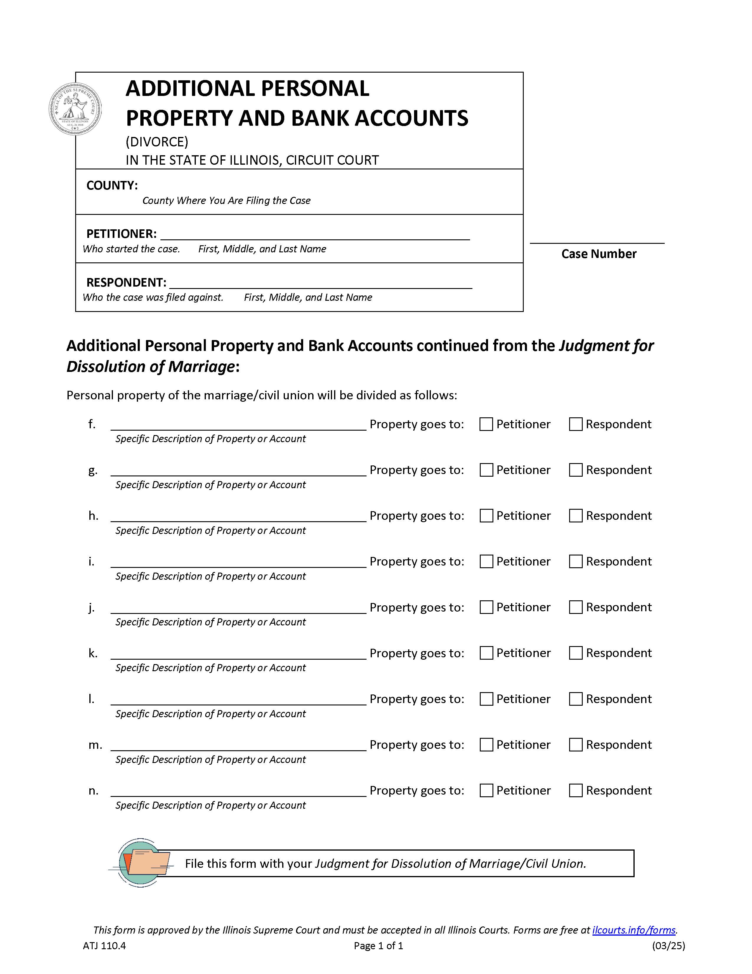 Additional Personal Property And Bank Accounts (Divorce) {ATJ 110.4} | Pdf Fpdf Docx | Illinois