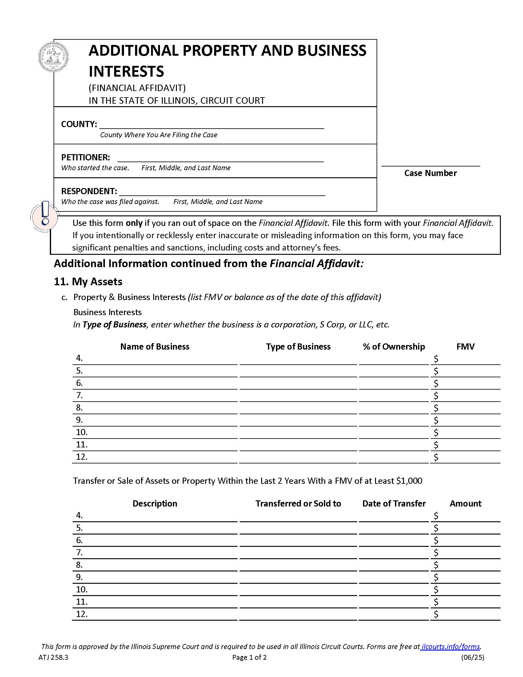 Additional Property And Business Interests (Financial Affidavit) {ATJ 258.3} | Pdf Fpdf Docx | Illinois