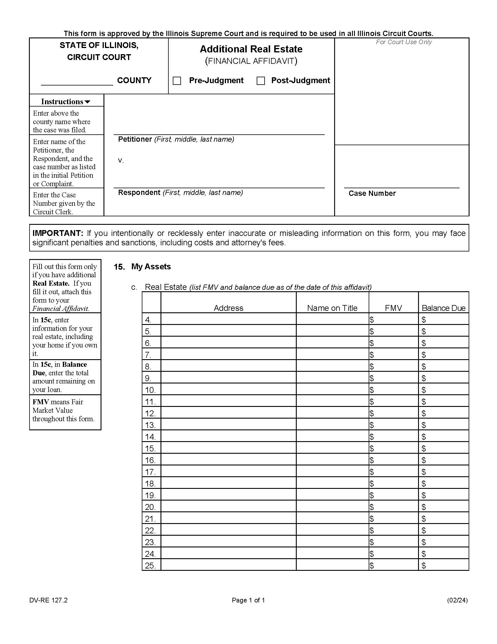 Additional Real Estate (Financial Affidavit) {DV-RE 127.2} | Pdf Fpdf Docx | Illinois