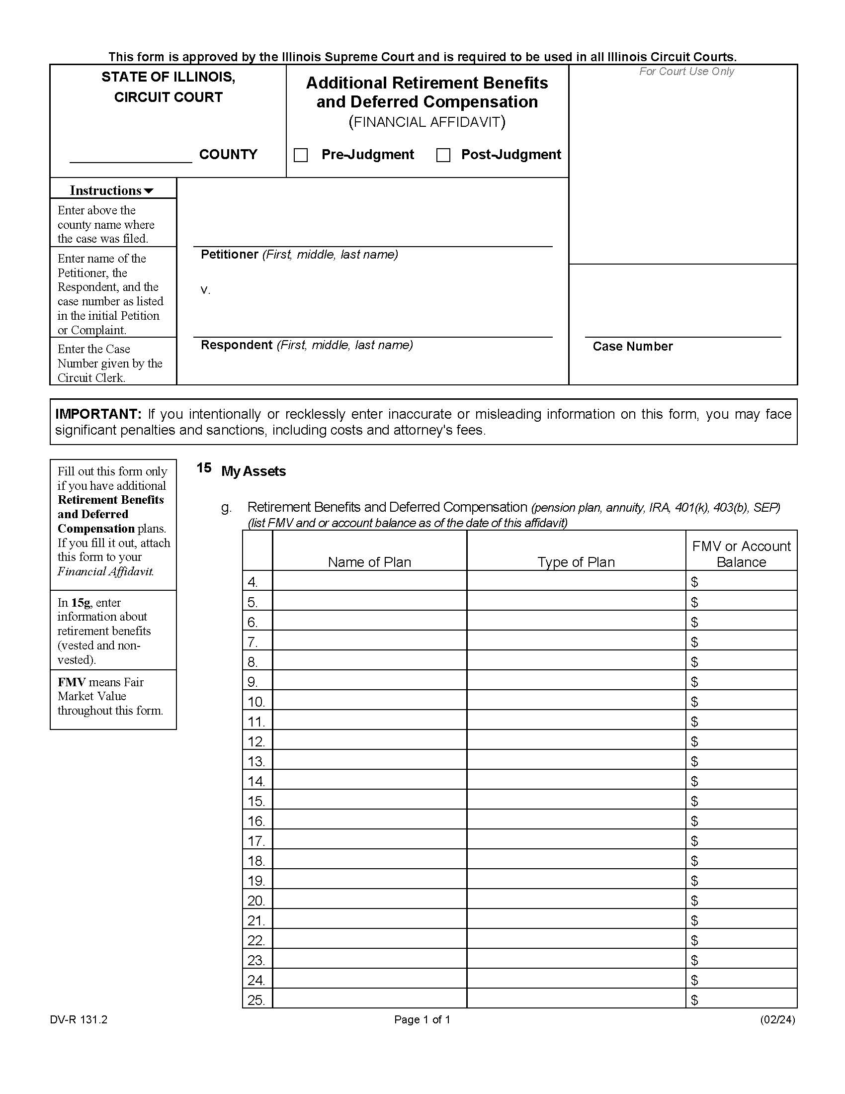 Additional Retirement Benefits And Deferred Compensation (Financial Affidavit) {DV-R 131.2} | Pdf Fpdf Docx | Illinois