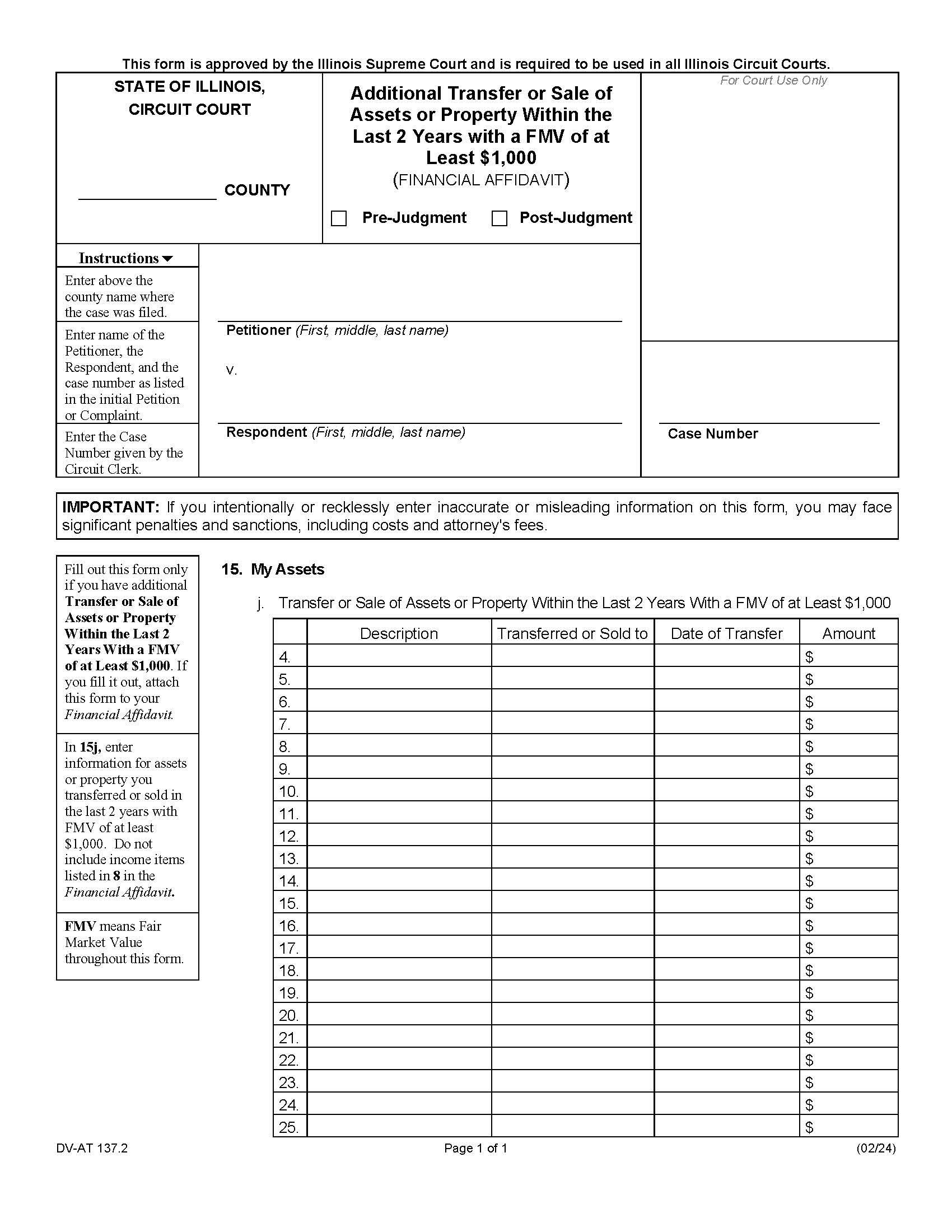 Additional Transfer Or Sale Of Assets 1000 FMV (Financial Affidavit) {DV-AT 137.2} | Pdf Fpdf Docx | Illinois