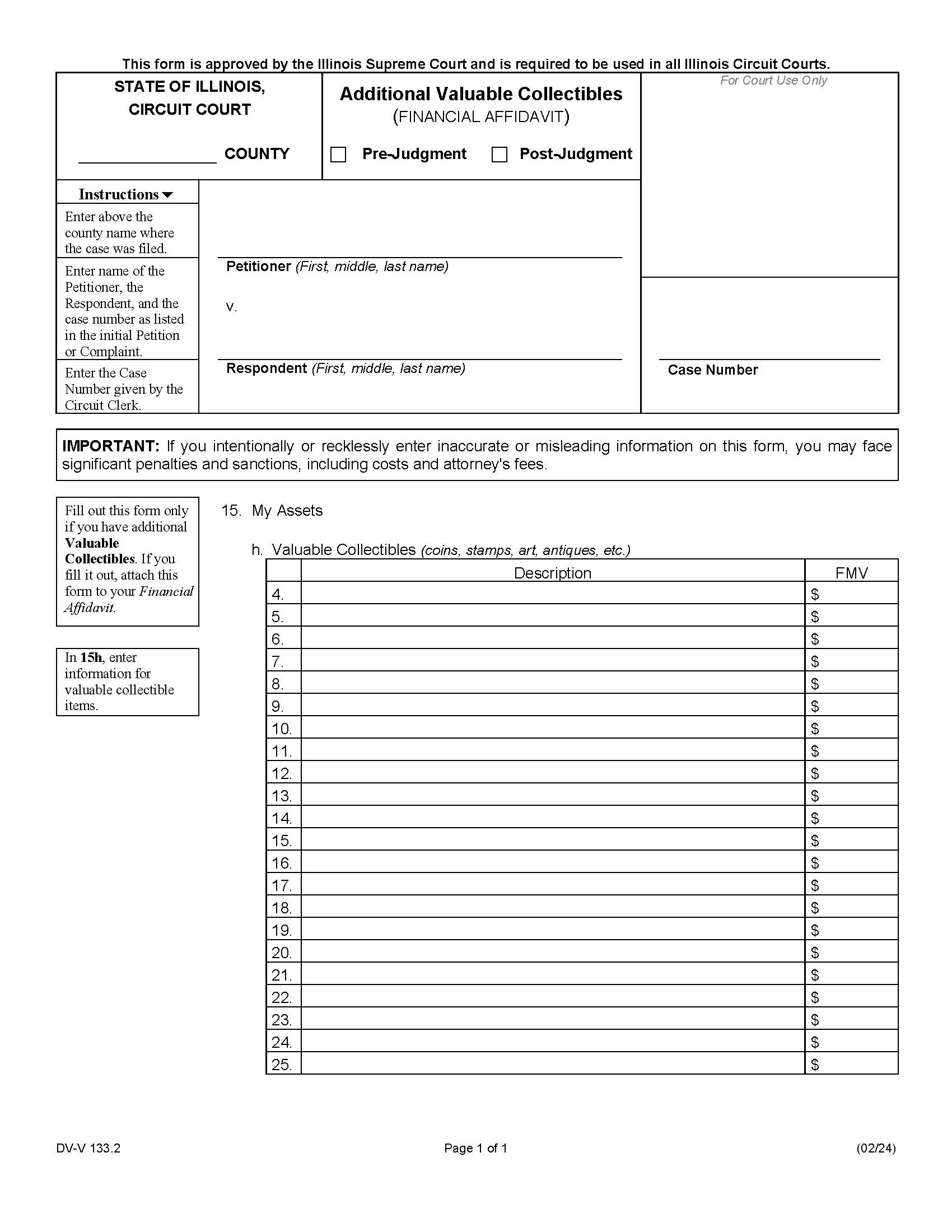 Additional Valuable Collectibles (Financial Affidavit) {DV-V 133.2} | Pdf Fpdf Docx | Illinois