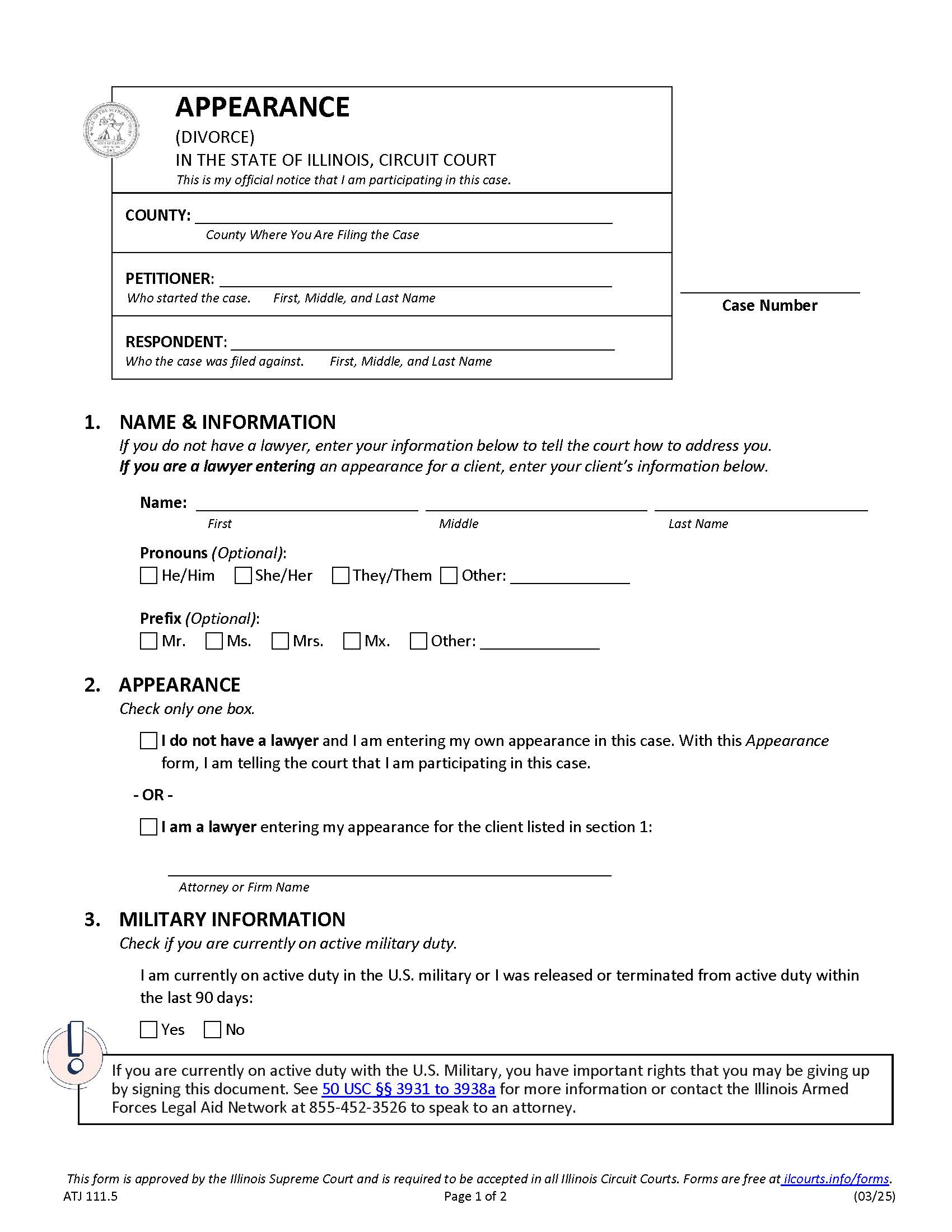 Appearance (Divorce) {ATJ 111.5} | Pdf Fpdf Docx | Illinois