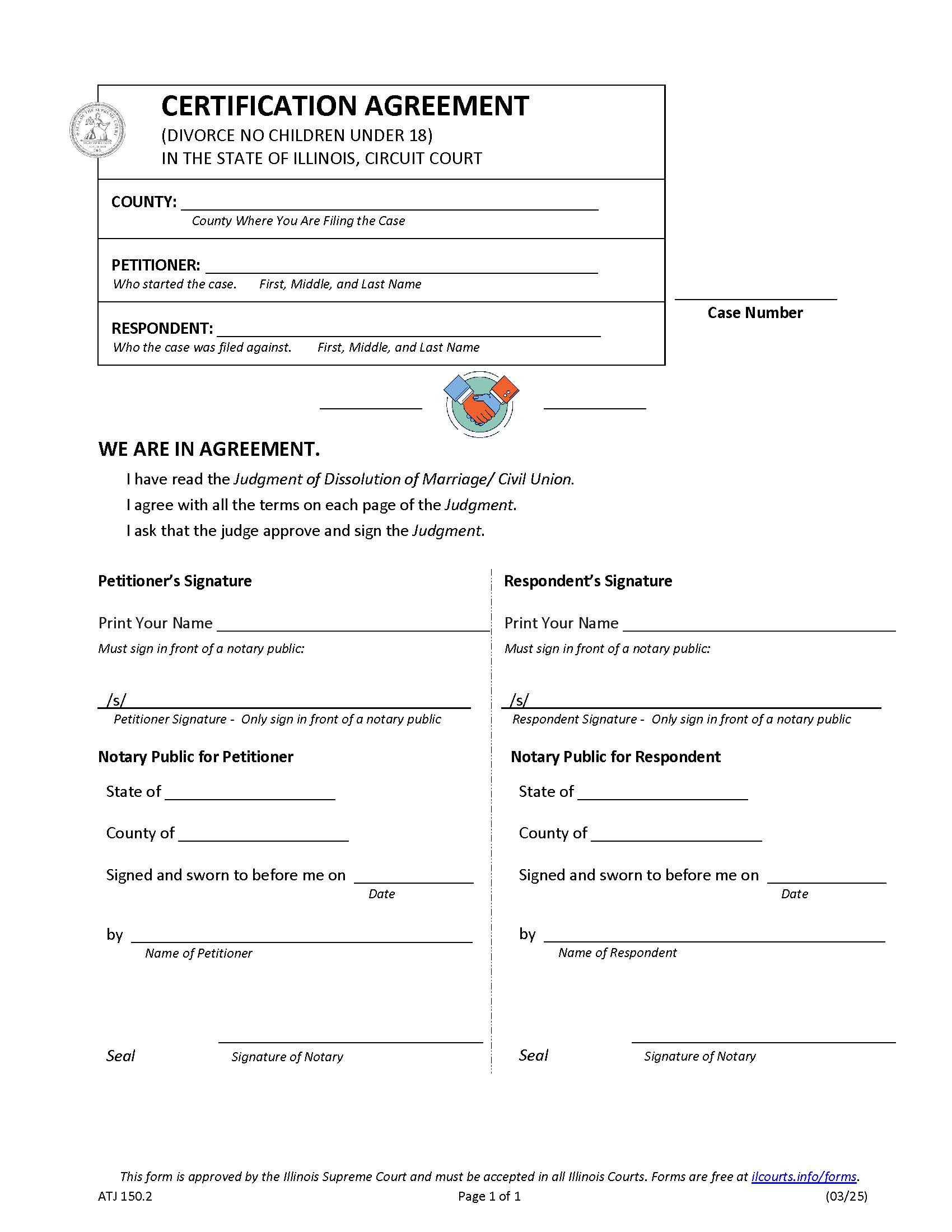 Certification Agreement (No Children) {ATJ 150.2} | Pdf Fpdf Docx | Illinois