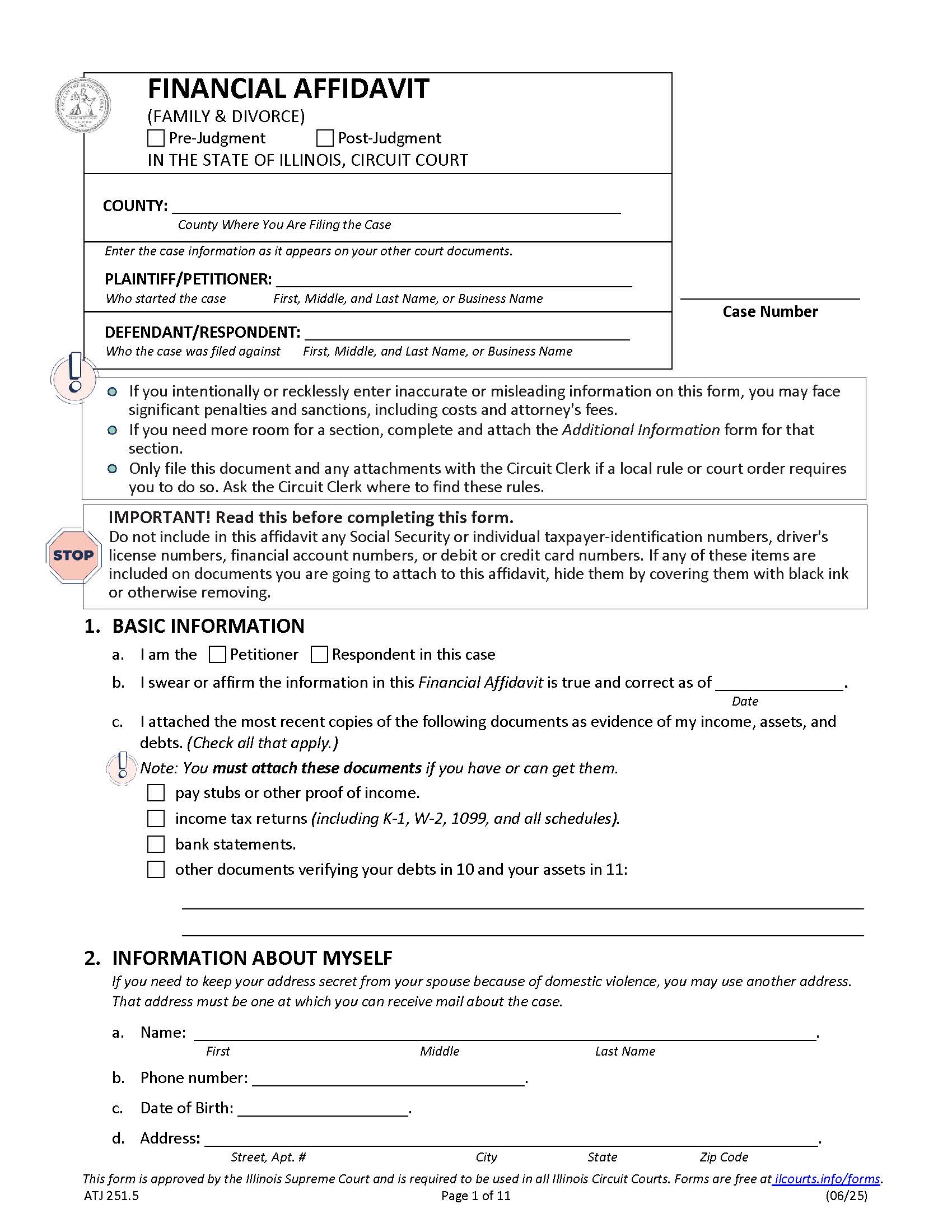 Financial Affidavit (Family And Divorce) {ATJ 251.5} | Pdf Fpdf Docx | Illinois