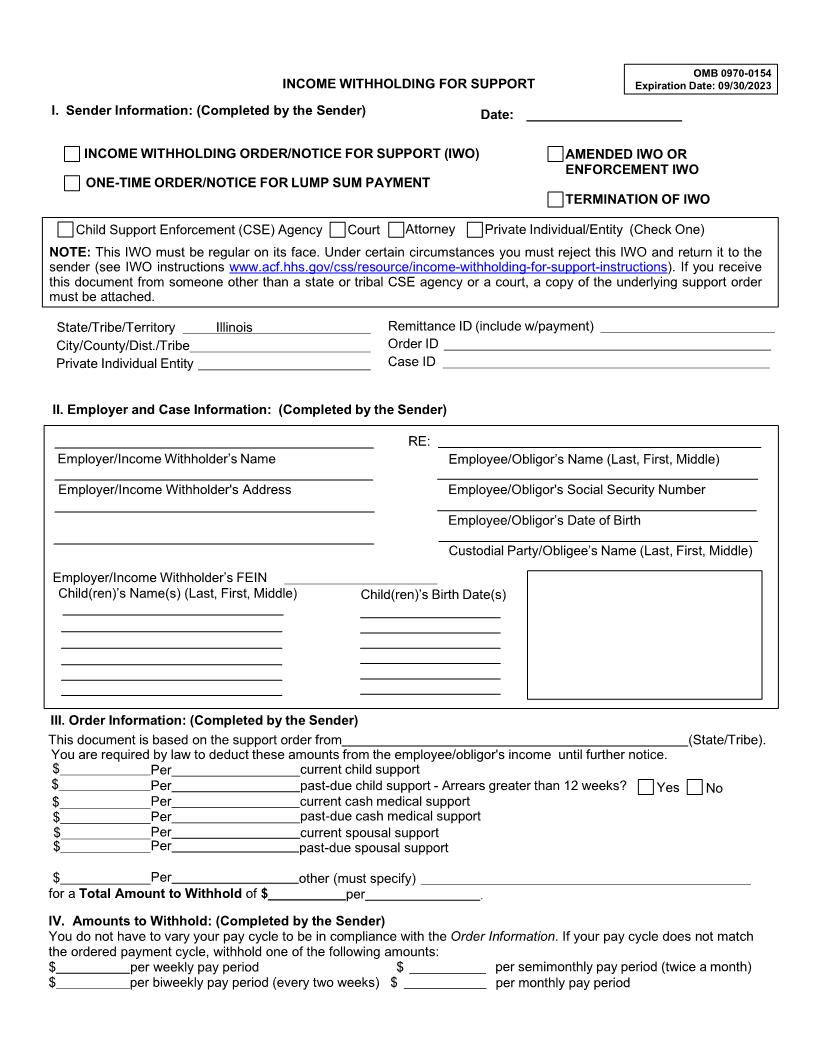 Income Withholding For Support | Pdf Fpdf Docx | Illinois