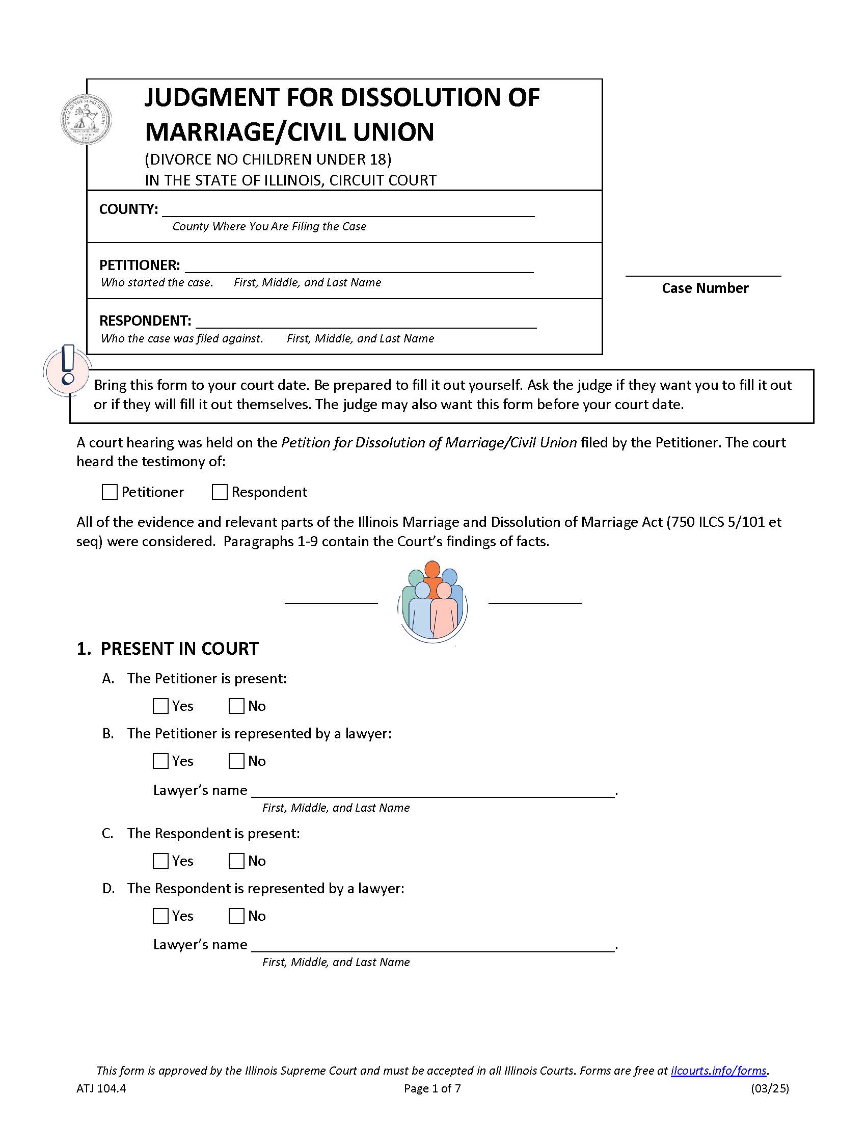 Judgment Of Dissolution Of Marriage-Civil Union (Divorce No Children Under 18) {ATJ 104.4} | Pdf Fpdf Docx | Illinois