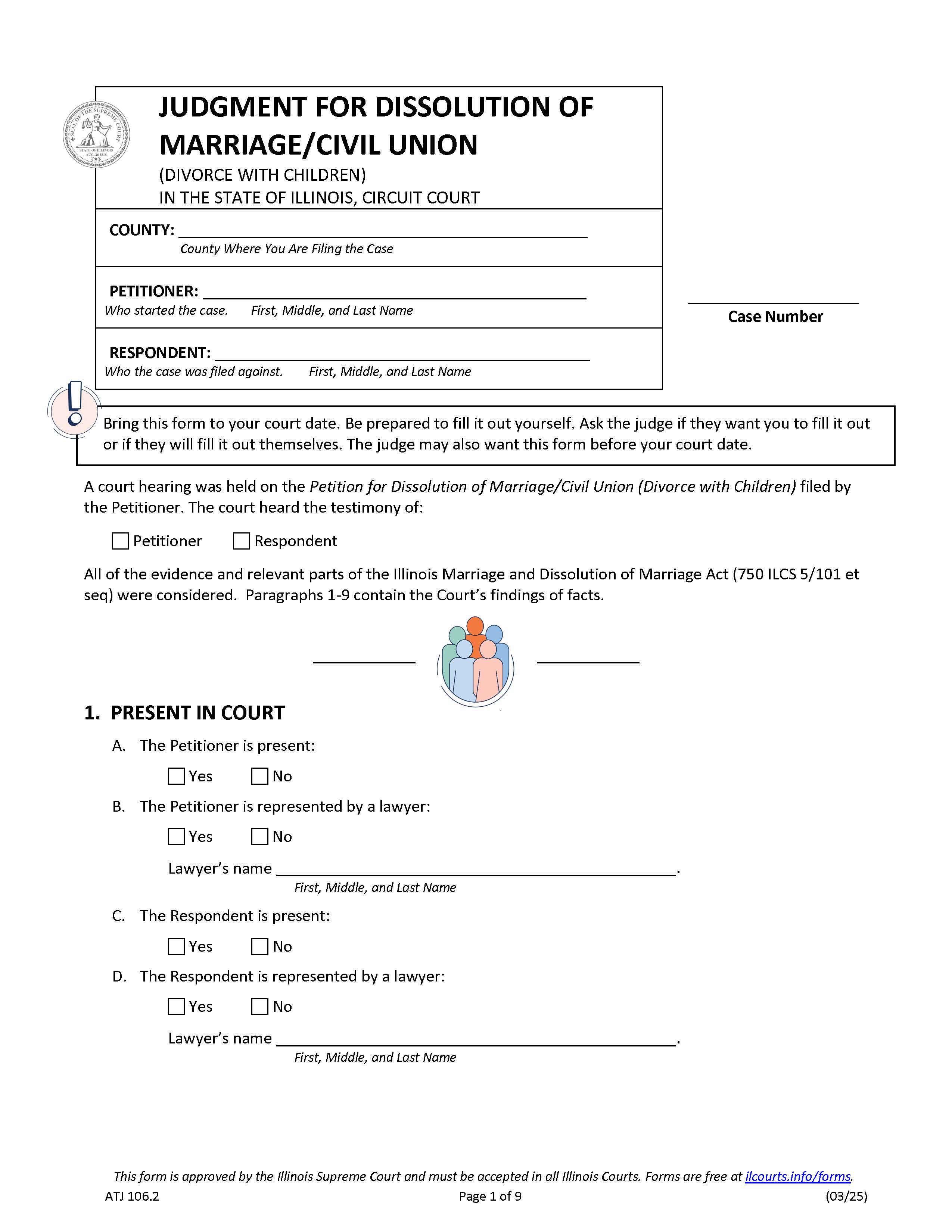 Judgment Of Dissolution Of Marriage-Civil Union (Divorce With Children) {ATJ 106.2} | Pdf Fpdf Docx | Illinois