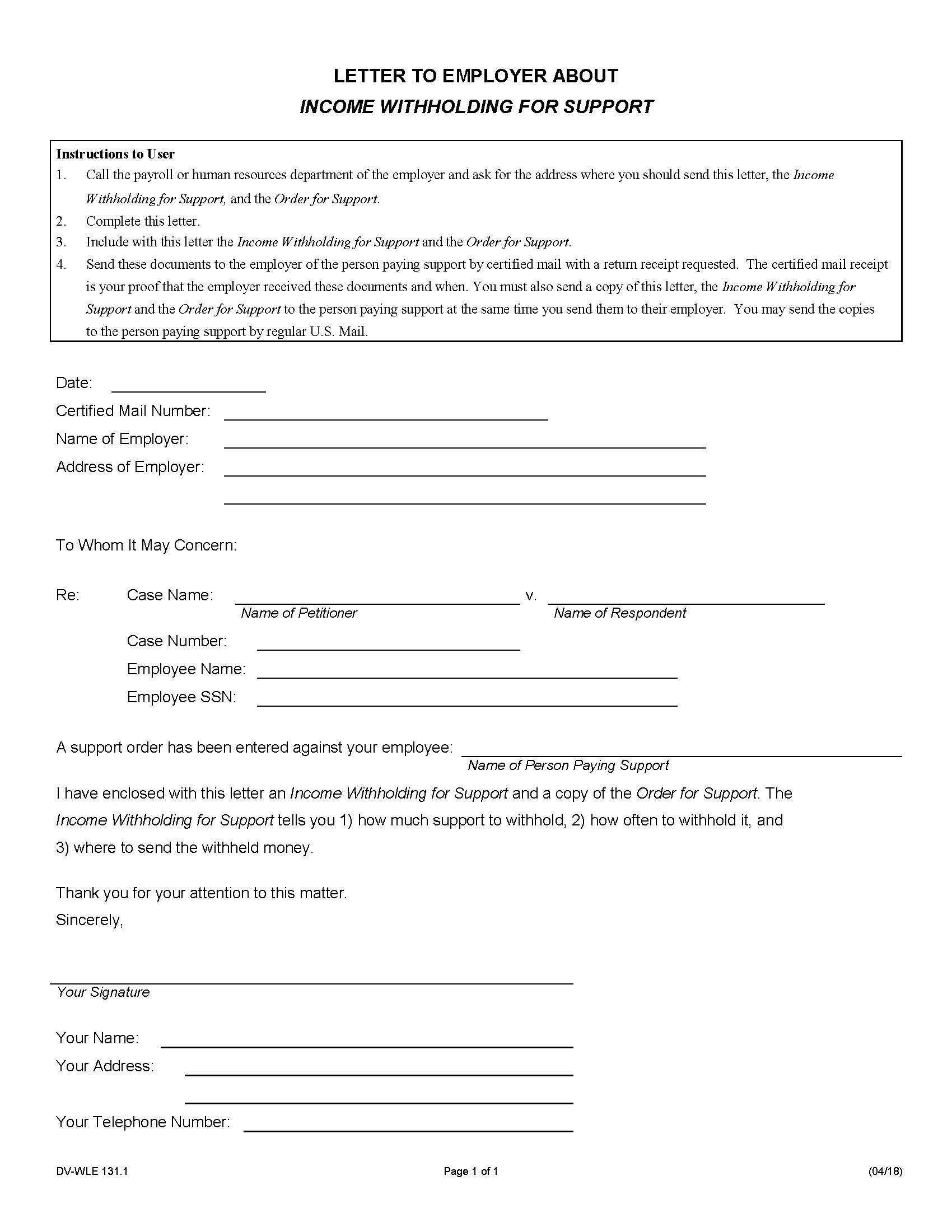 Letter To Employer About Income Withholding For Support {DV-WLE 131.1} | Pdf Fpdf Docx | Illinois