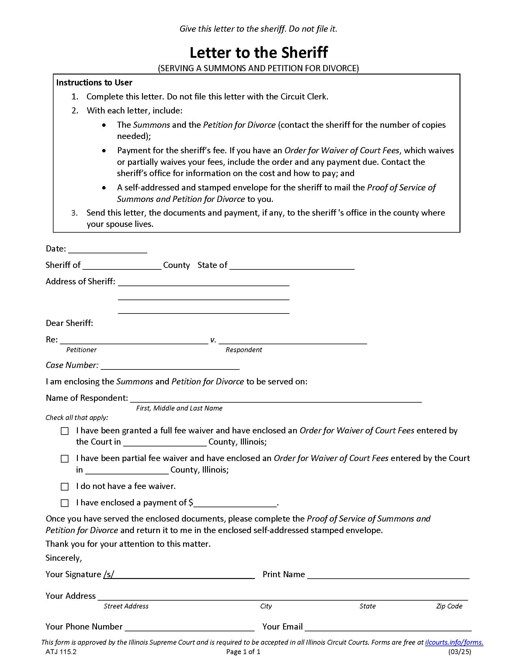 Letter To The Sheriff (Serving Summons And Petition For Divorce) {ATJ 115.2} | Pdf Fpdf Doc Docx | Illinois