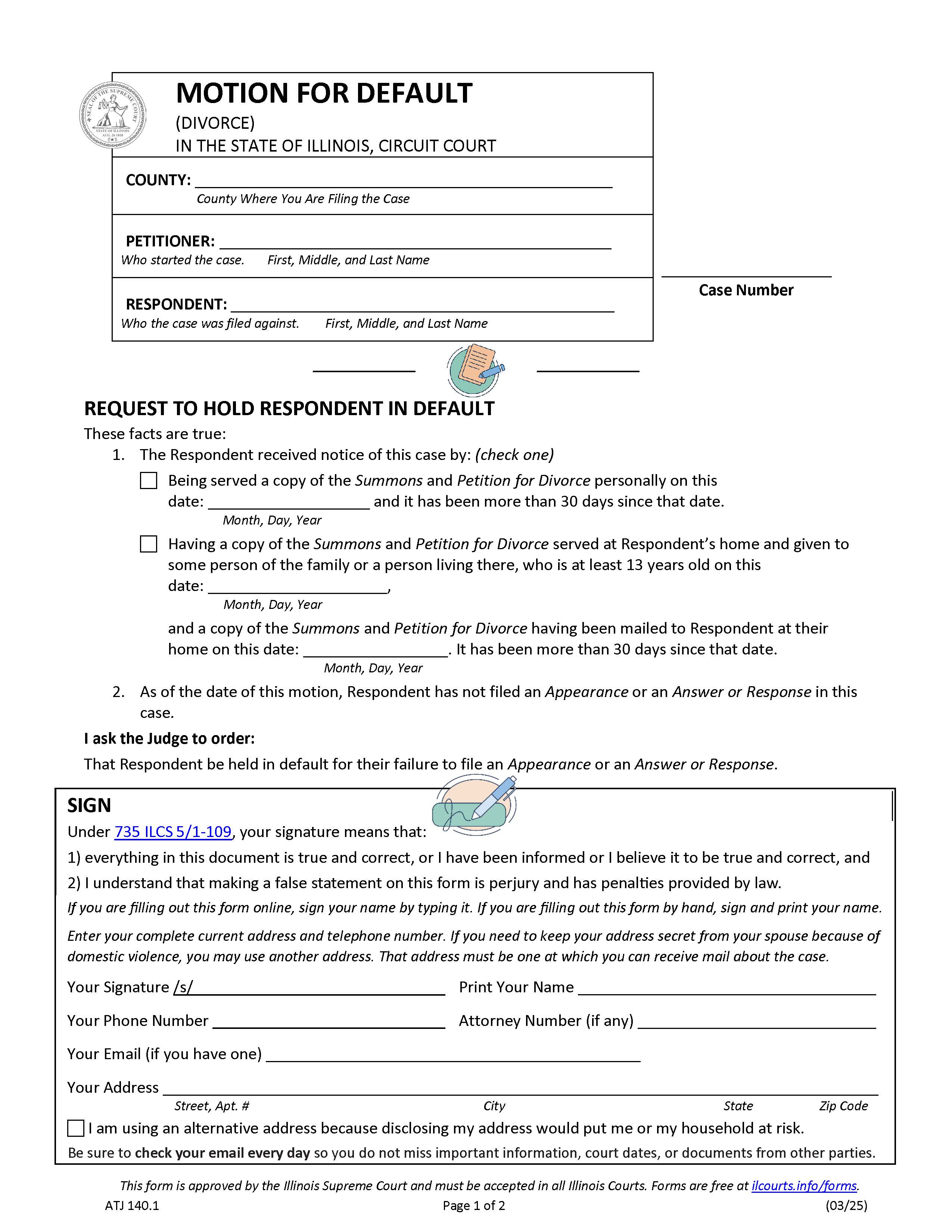 Motion For Default (Divorce) {ATJ 140.1} | Pdf Fpdf Docx | Illinois