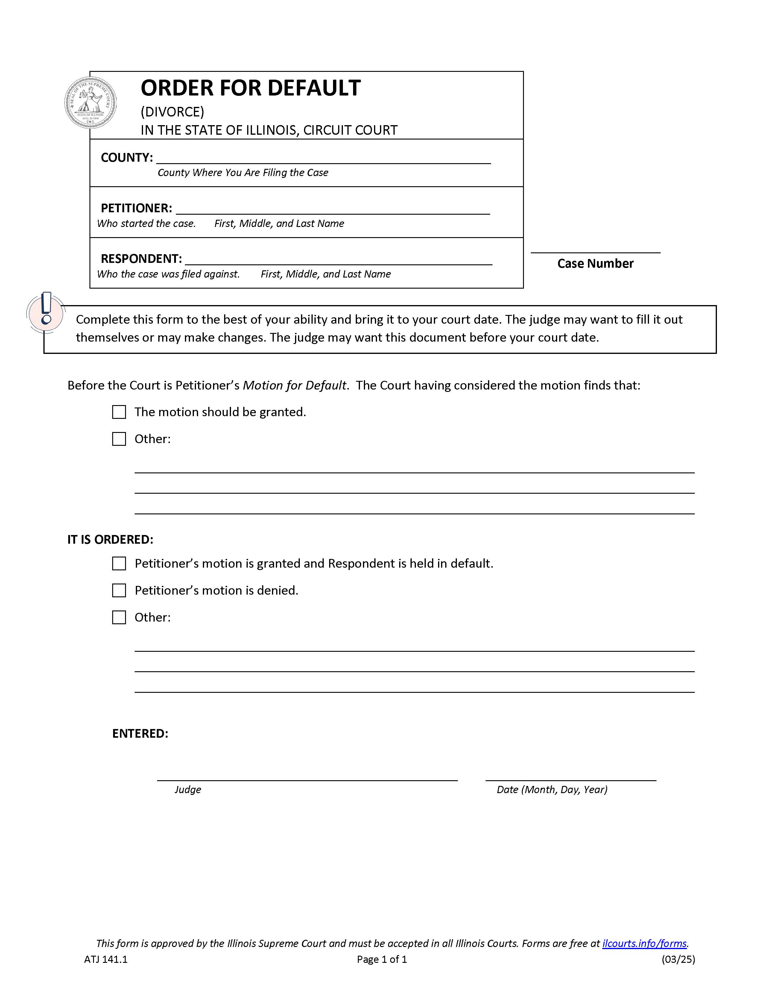 Order For Default (Divorce) {ATJ 141.1} | Pdf Fpdf Docx | Illinois