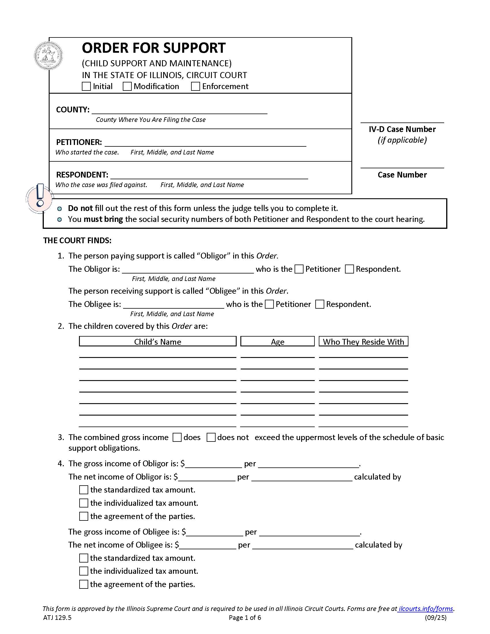 Order For Support {ATJ 129.5} | Pdf Fpdf Docx | Illinois