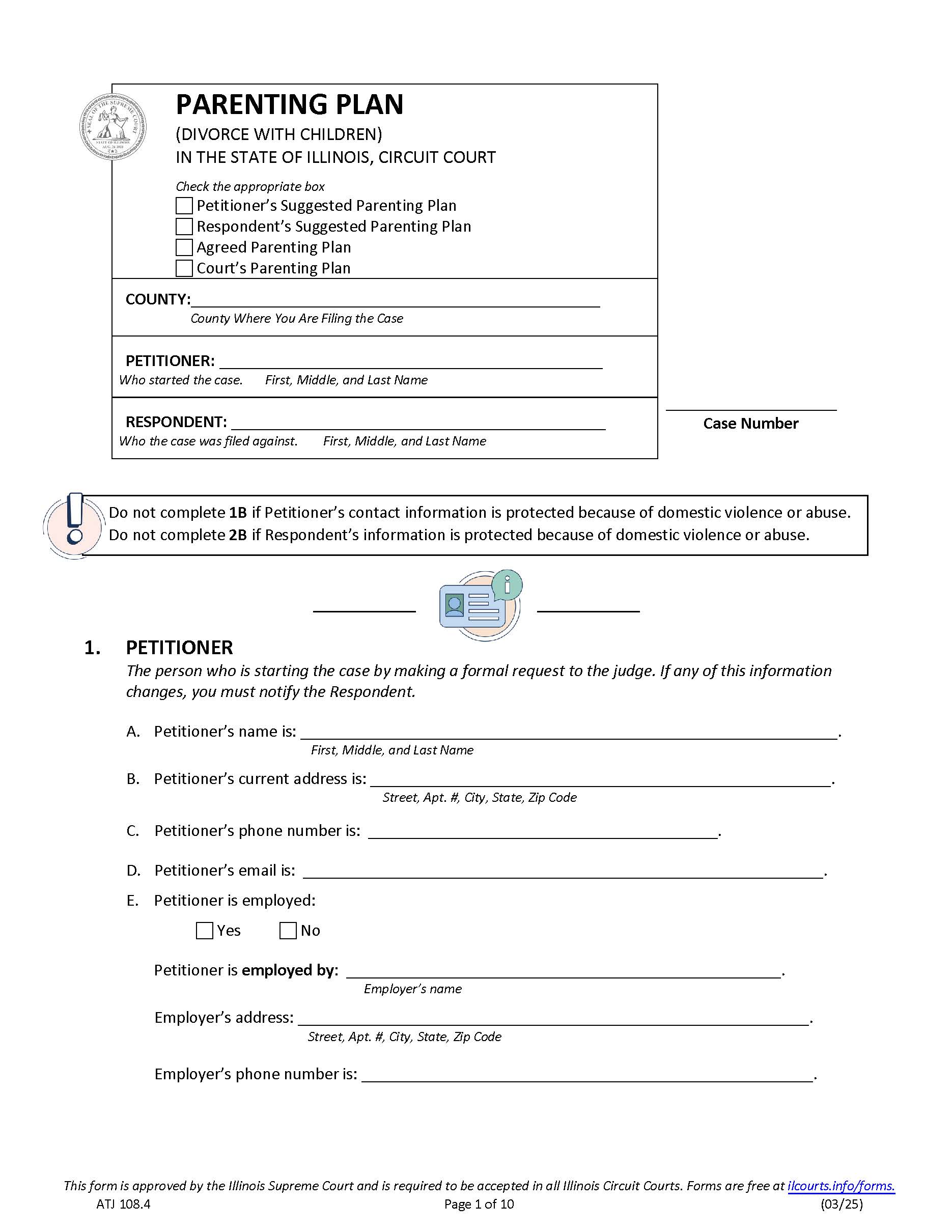 Parenting Plan {ATJ 108.4} | Pdf Fpdf Docx | Illinois