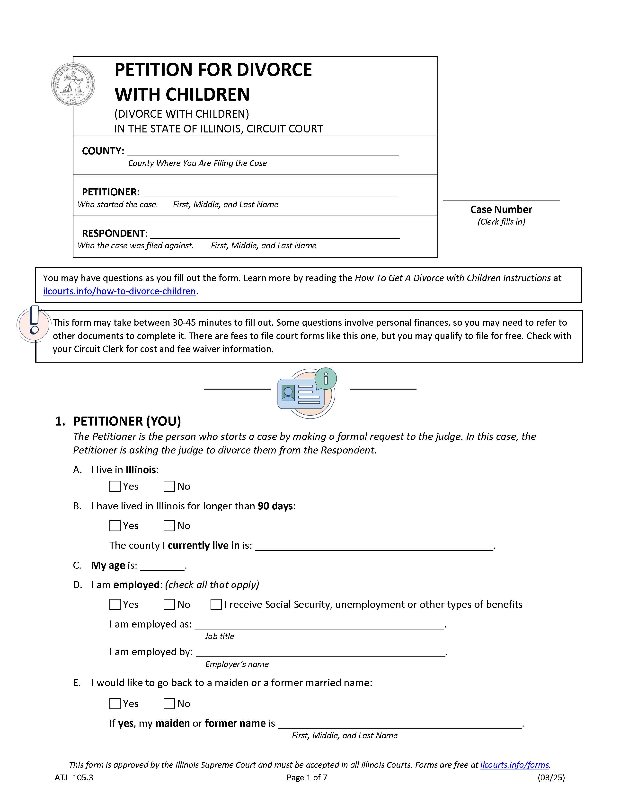 Petition Divorce With Children {ATJ  105.3} | Pdf Fpdf Docx | Illinois