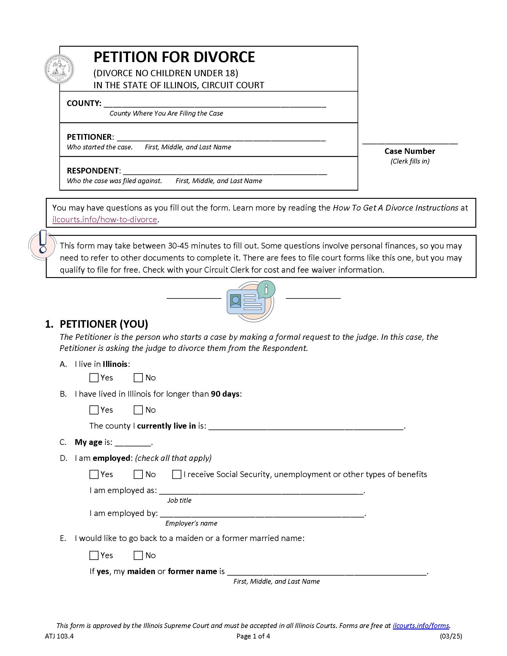Petition For Divorce  (No Children Under 18) {ATJ 103.4} | Pdf Fpdf Docx | Illinois