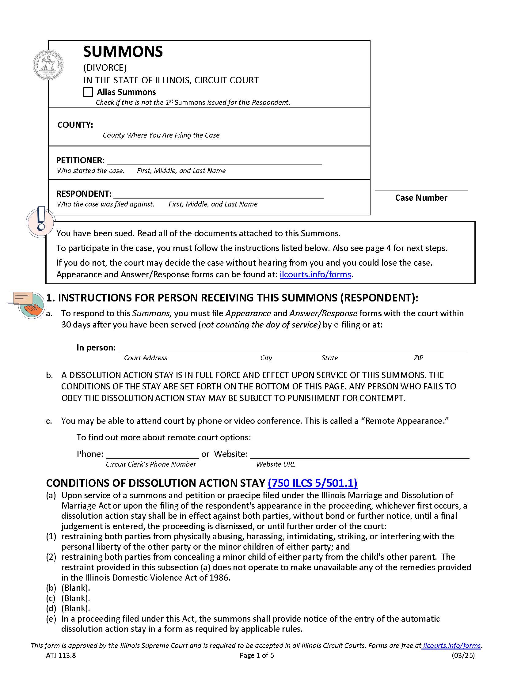 Summons Petition For Dissolution Of Marriage Civil Union {ATJ 113.8} | Pdf Fpdf Docx | Illinois