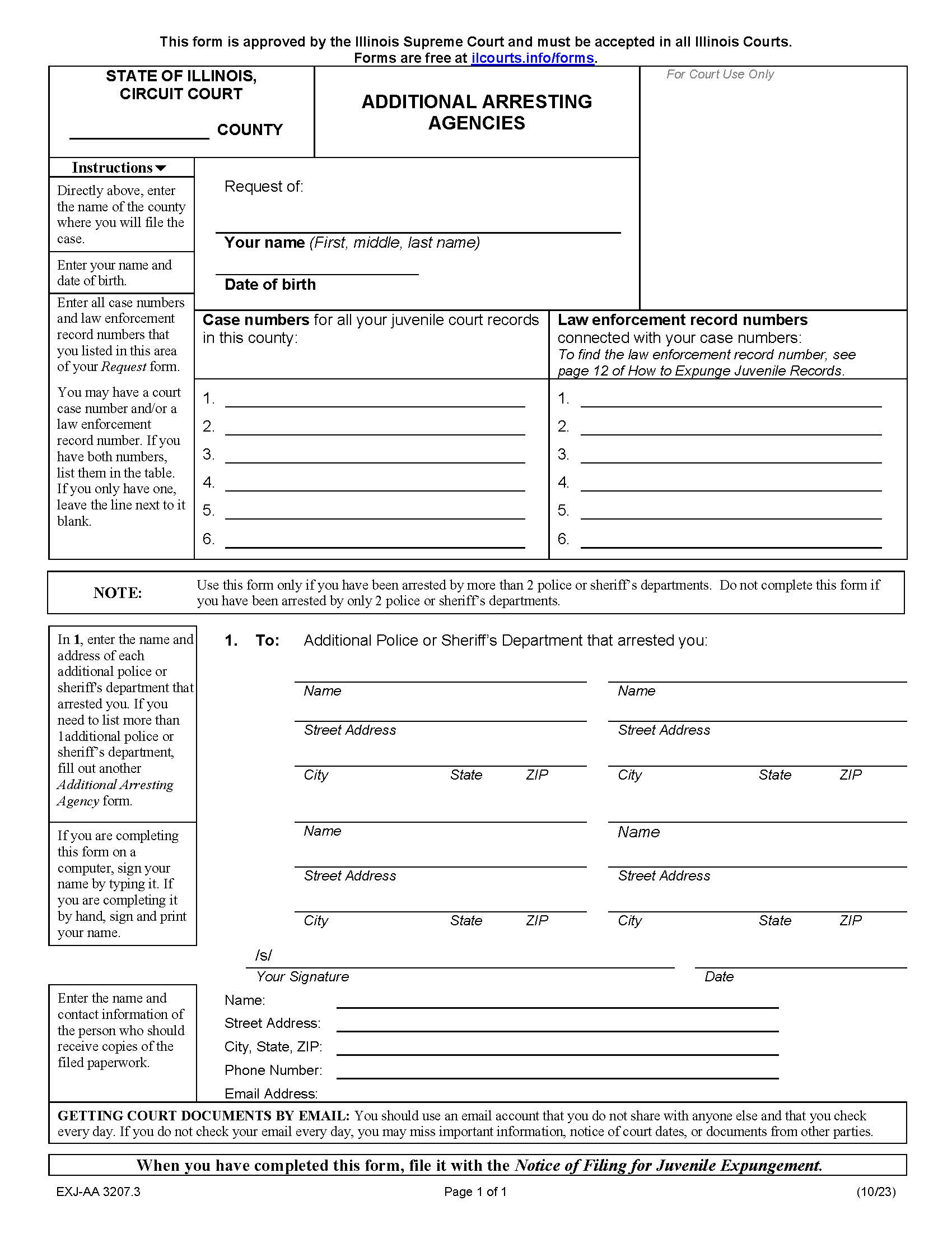 Additional Arresting Agencies (Juvenile Expungement) {EX-AA 3207.3} | Pdf Fpdf Docx | Illinois