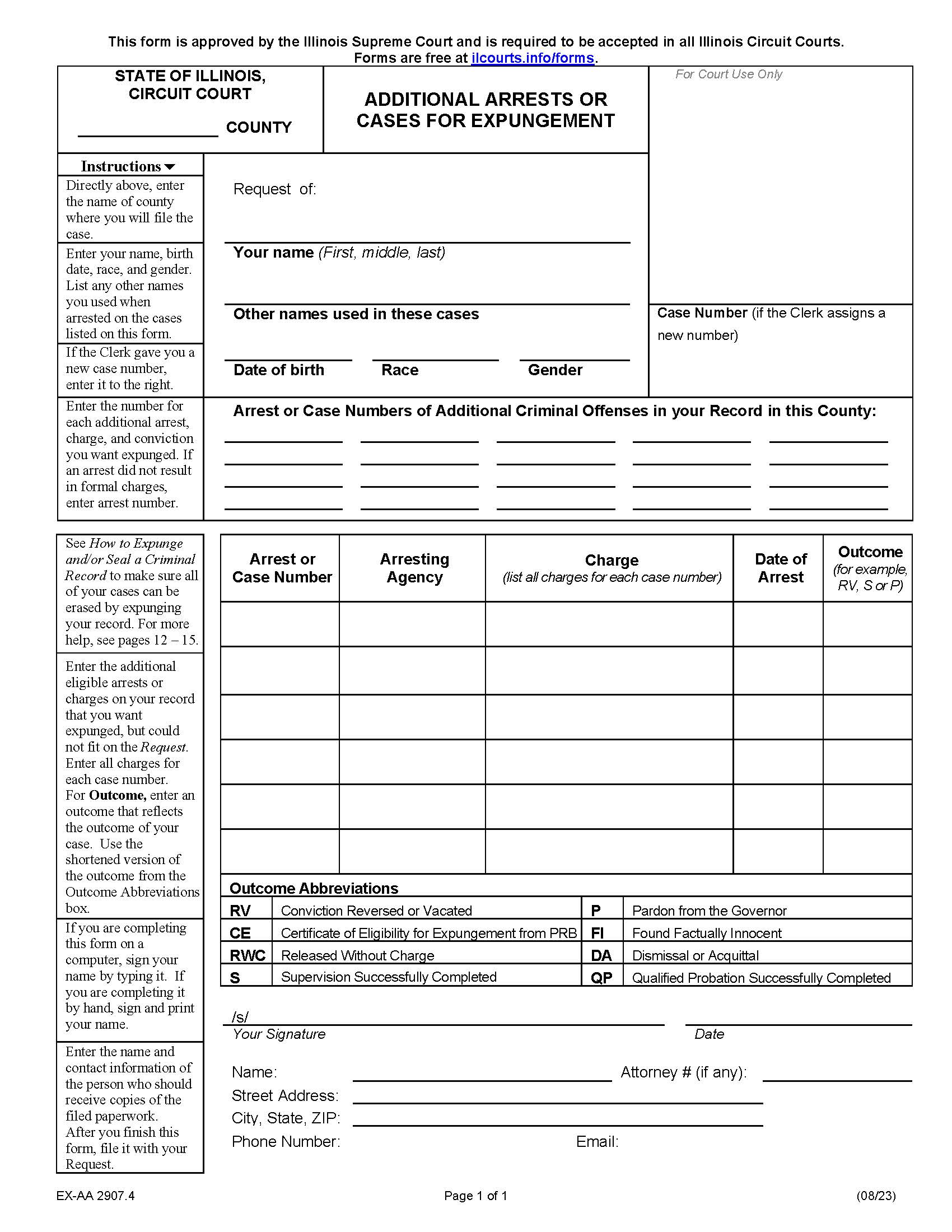 Additional Arrests Or Cases For Expungement {EX-AA 2907.4} | Pdf Fpdf Docx | Illinois