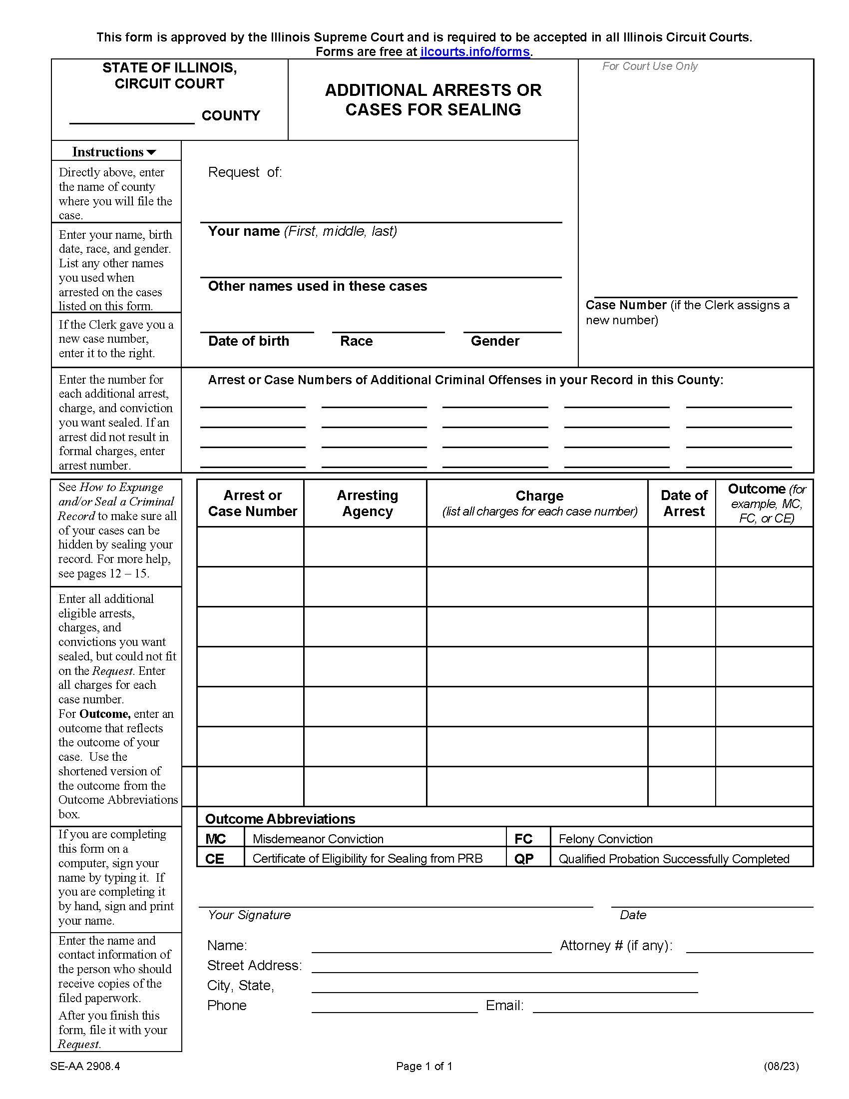 Additional Arrests Or Cases For Sealing {EX-AA 2908.4} | Pdf Fpdf Docx | Illinois