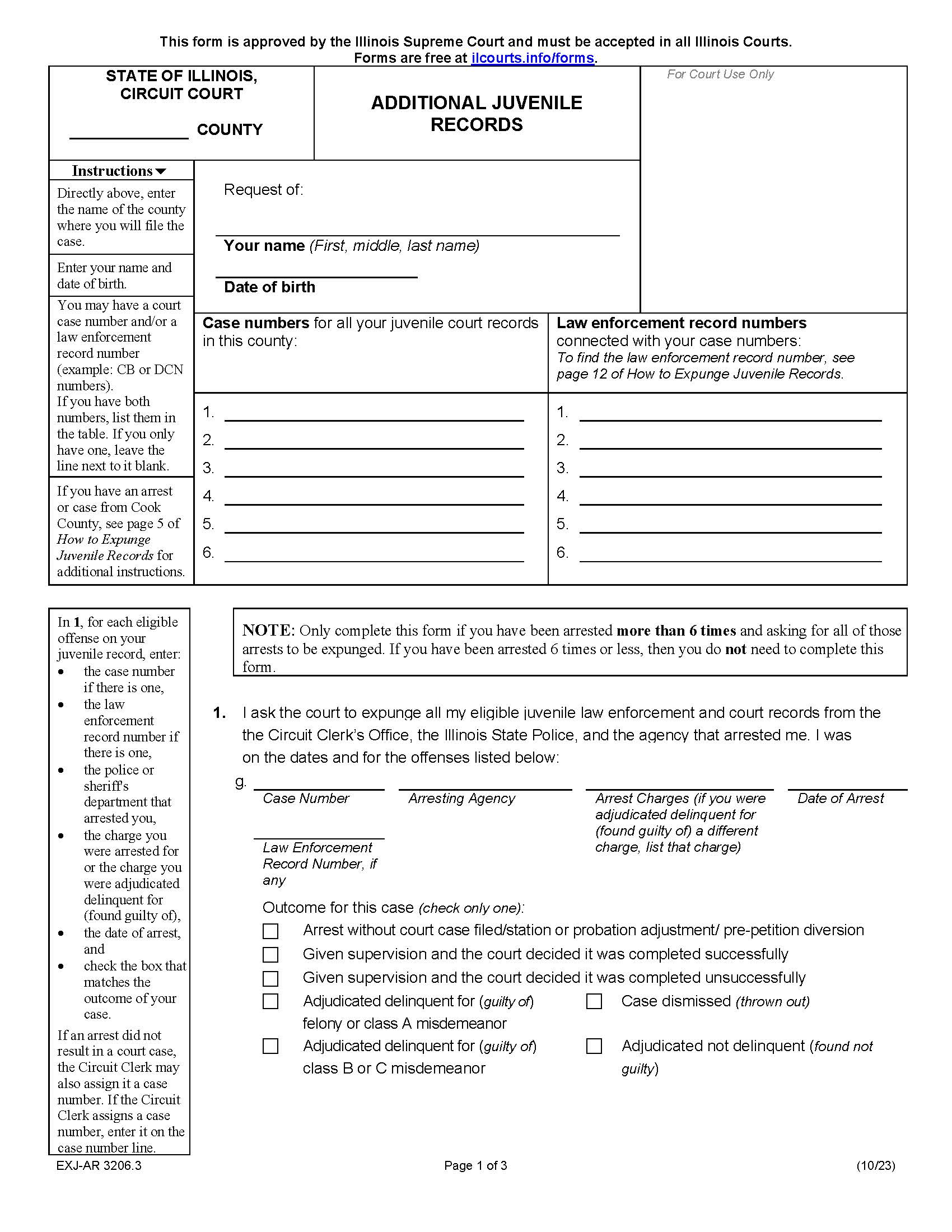 Additional Juvenile Records (Expungement) {EXJ-AR 3206.3} | Pdf Fpdf Docx | Illinois
