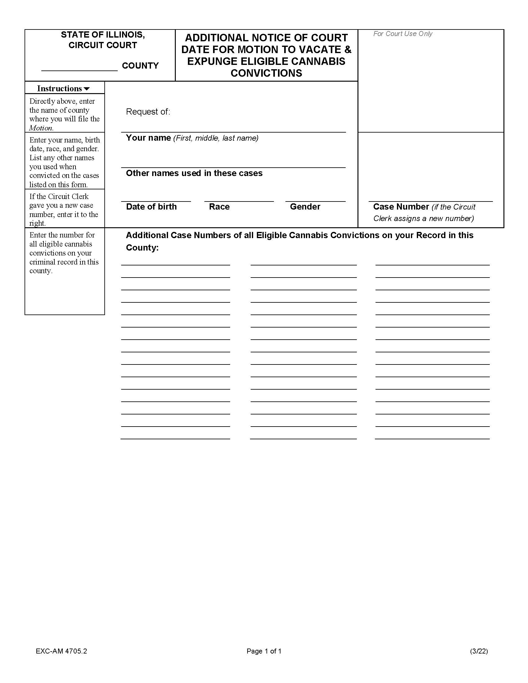 Additional Notice Of Court Date To Vacate Expunge Cannabis Conviction {EXC-AM 4705.2} | Pdf Fpdf Docx | Illinois