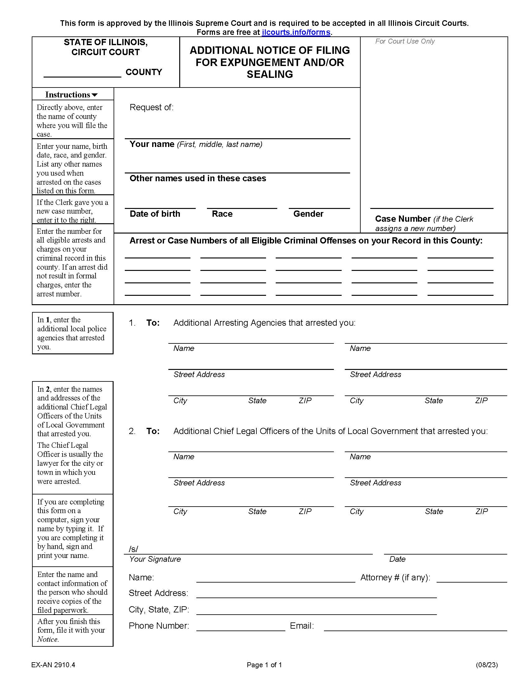 Additional Notice Of Filing For Expungement And-Or Sealing {EX-AN 2910.4} | Pdf Fpdf Docx | Illinois