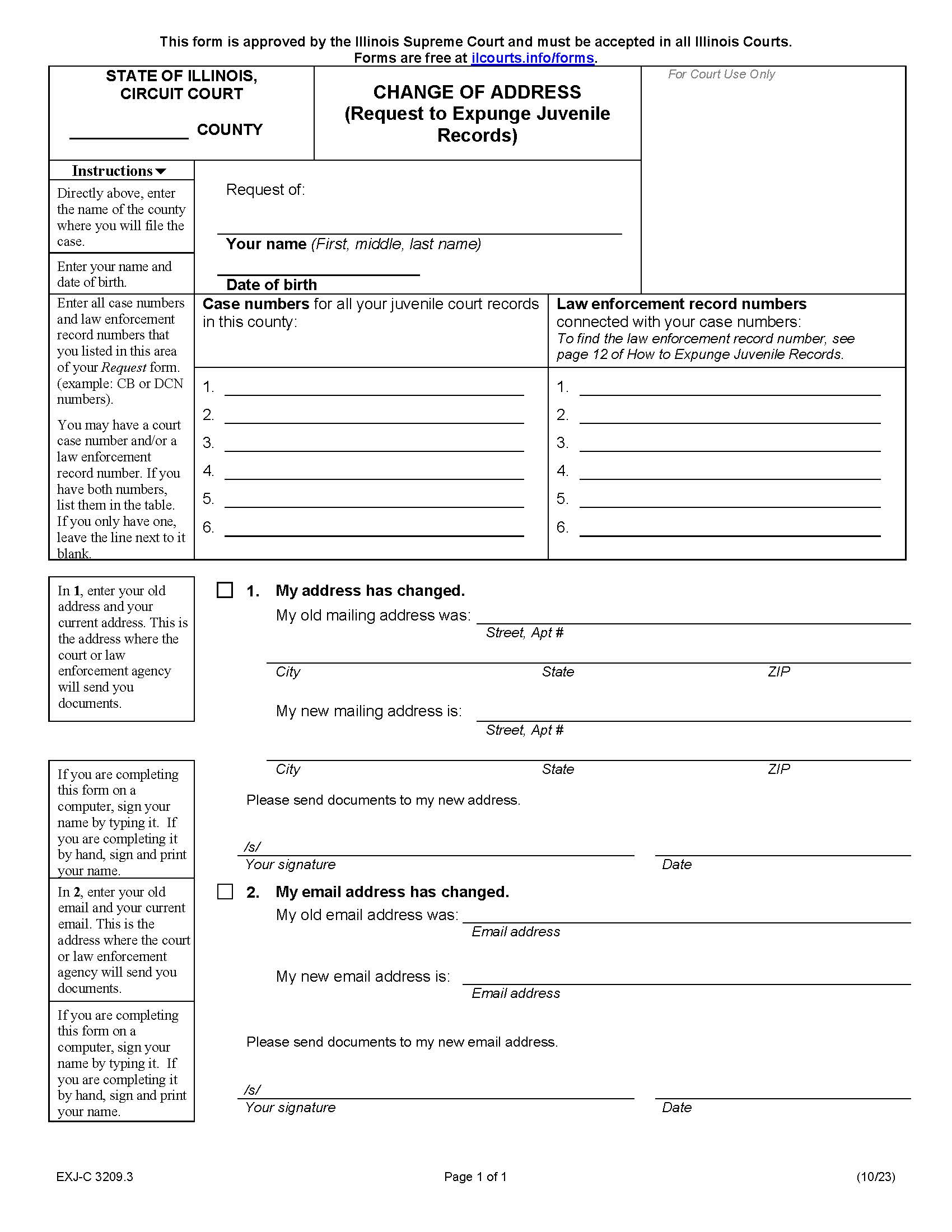 Change Of Address (Request To Expunge Juvenile Records) {EXJ-C 3209.3} | Pdf Fpdf Docx | Illinois
