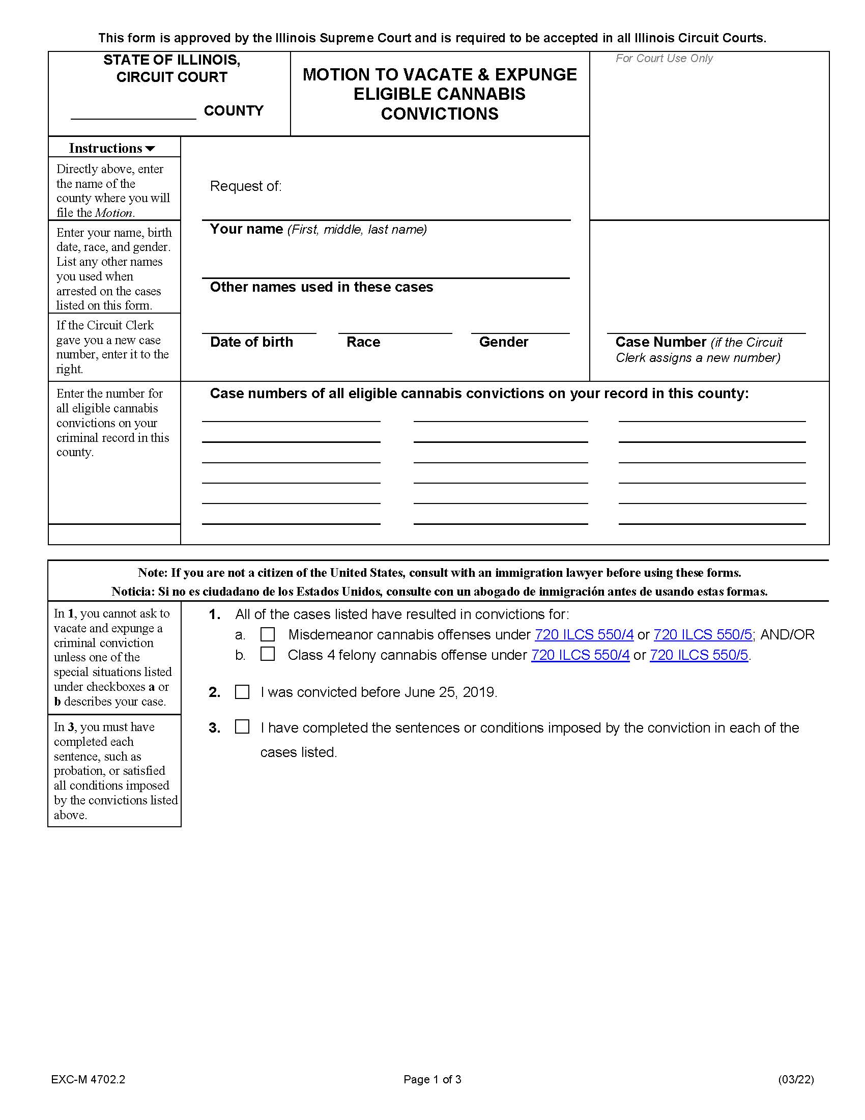 Motion To Vacate And Expunge Eligible Cannabis Convictions {EXC-M 4702.2} | Pdf Fpdf Docx | Illinois