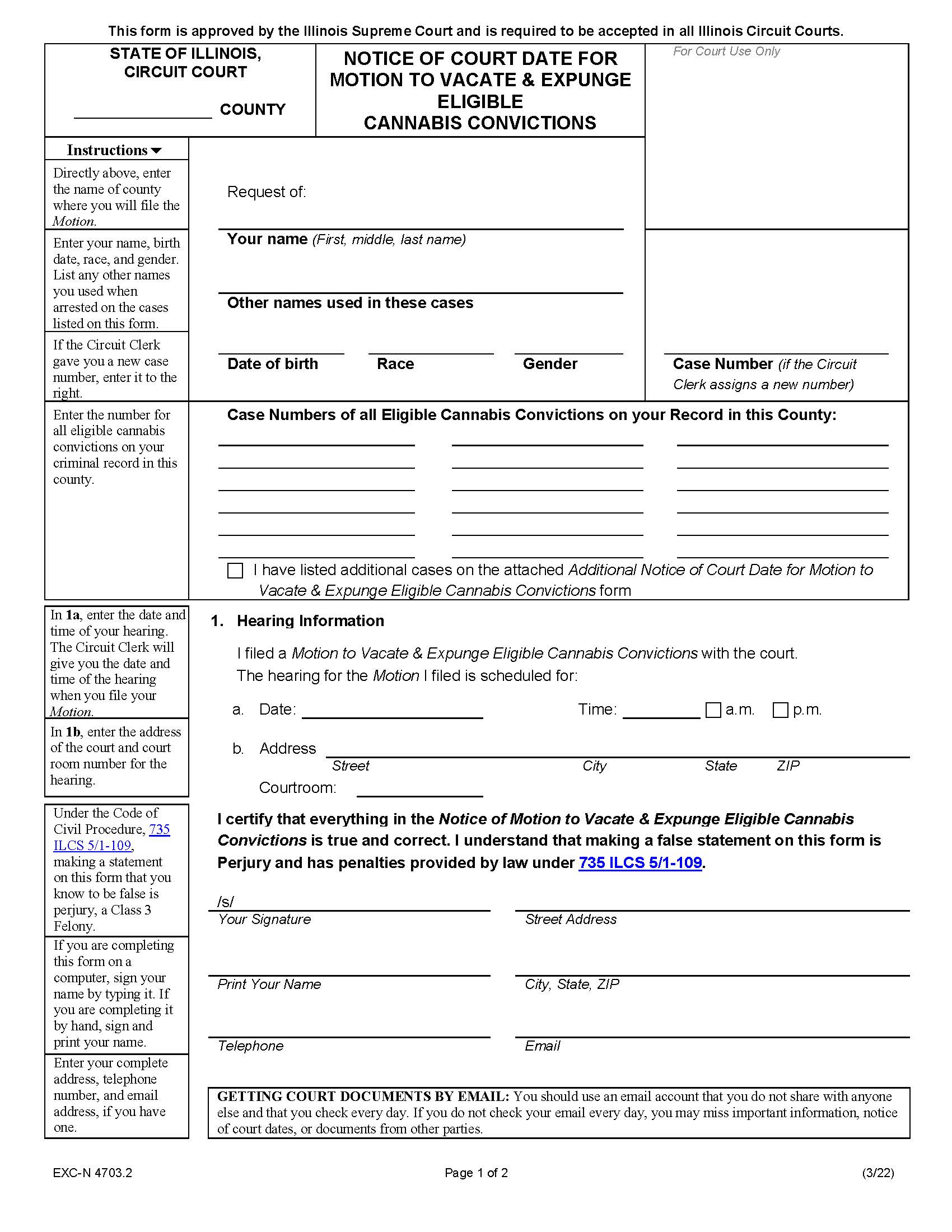 Notice Of Court Date Motion To Vacate Expunge Cannabis Conviction {EXC-N 4703.2} | Pdf Fpdf Docx | Illinois