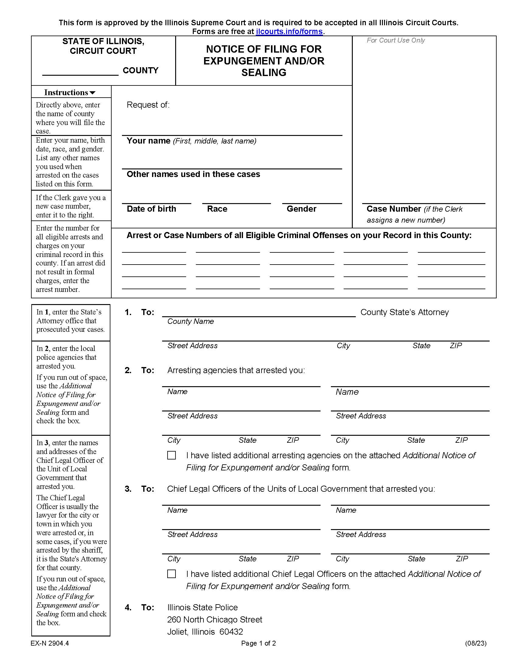 Notice Of Filing For Expungement And-Or Sealing {EX-N 2904.4} | Pdf Fpdf Docx | Illinois