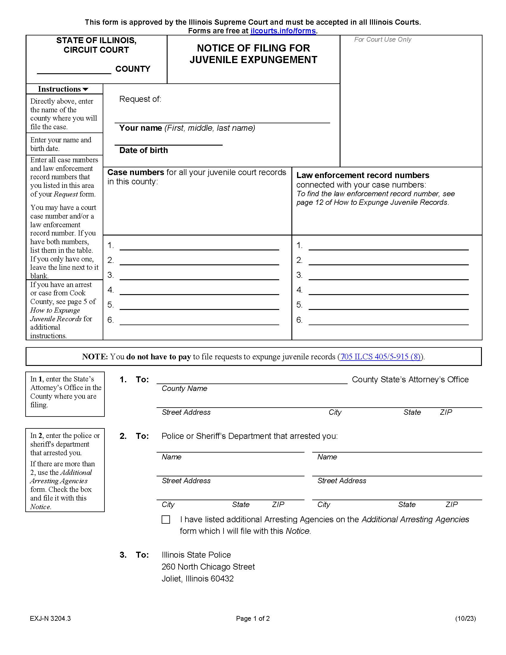 Notice Of Filing For Juvenile Expungement {EXJ-N 3204.3} | Pdf Fpdf Docx | Illinois
