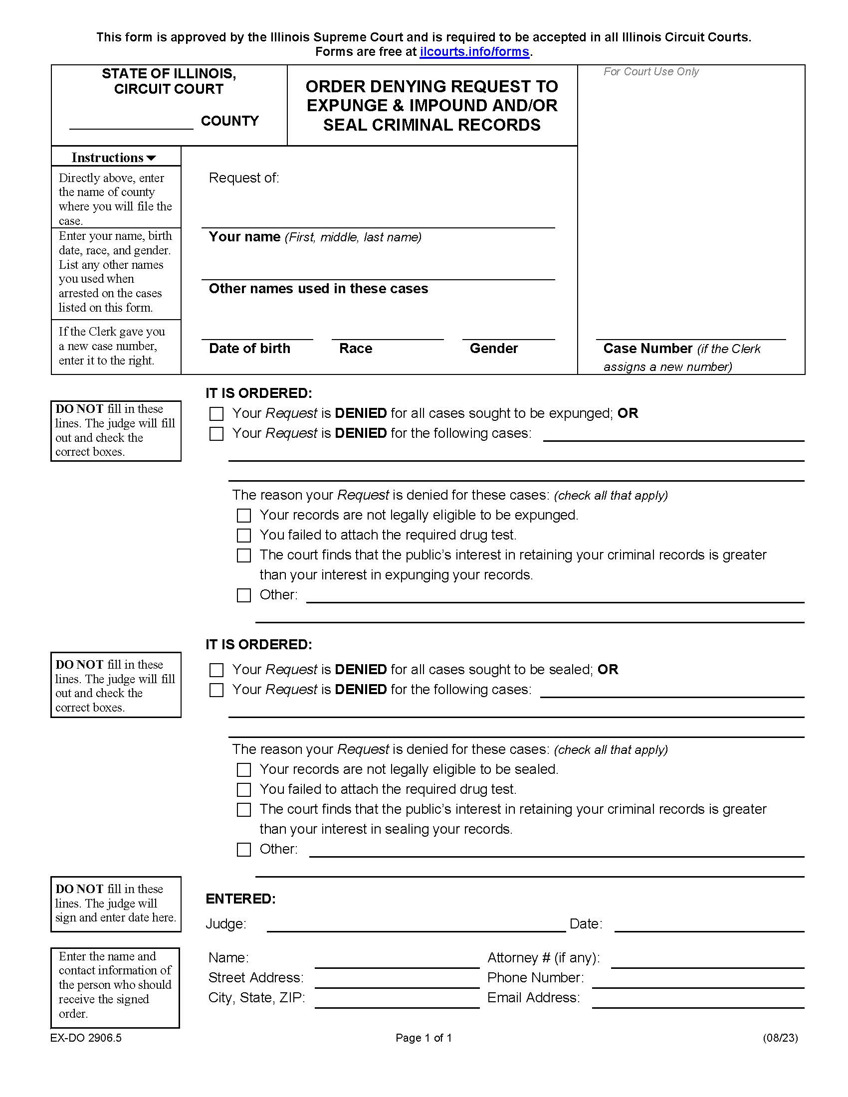 Order Denying Request To Expunge Impound Seal Criminal Records {EX-DO 2906.5} | Pdf Fpdf Docx | Illinois