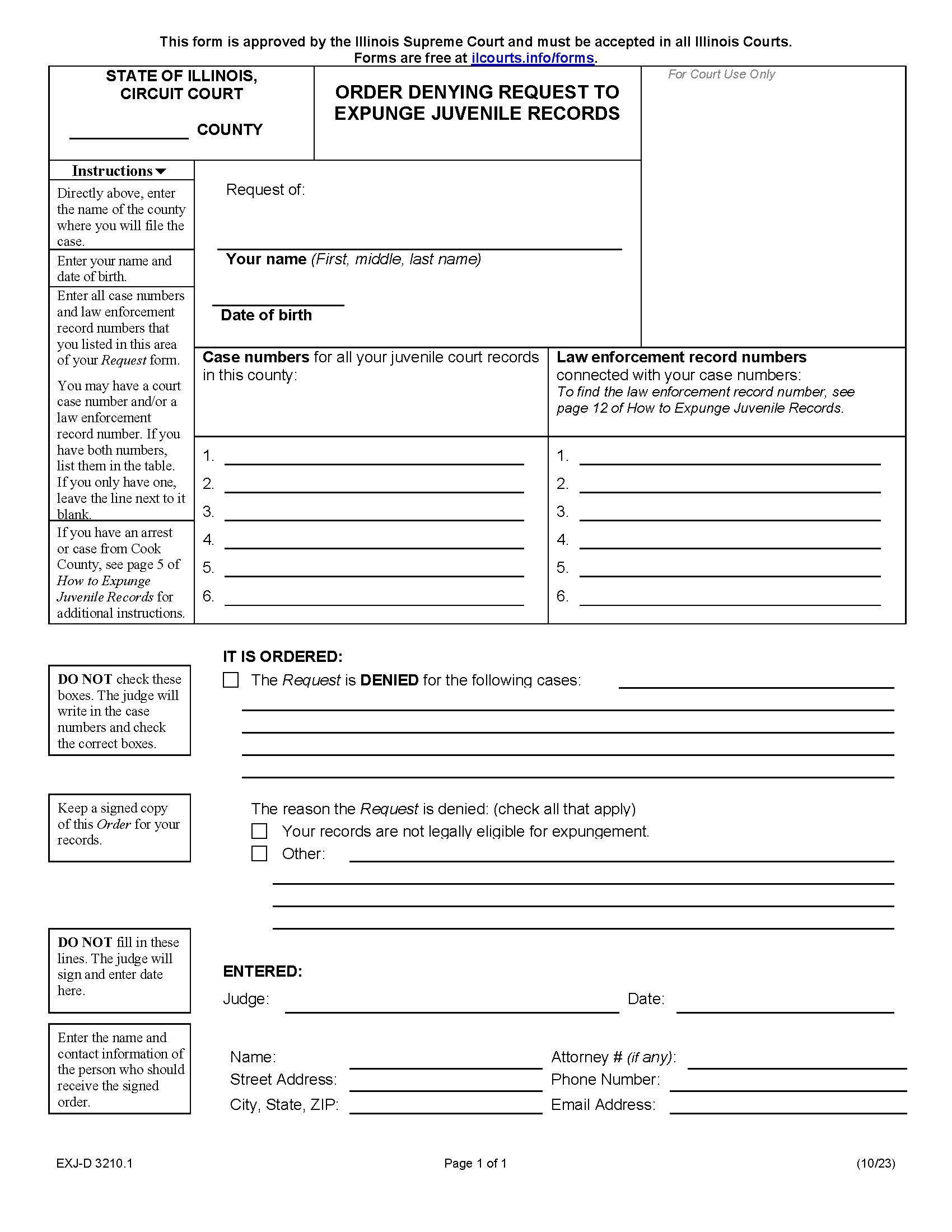 Order Denying Request To Expunge Juvenile Records {EXJ-D 3210.1} | Pdf Fpdf Docx | Illinois
