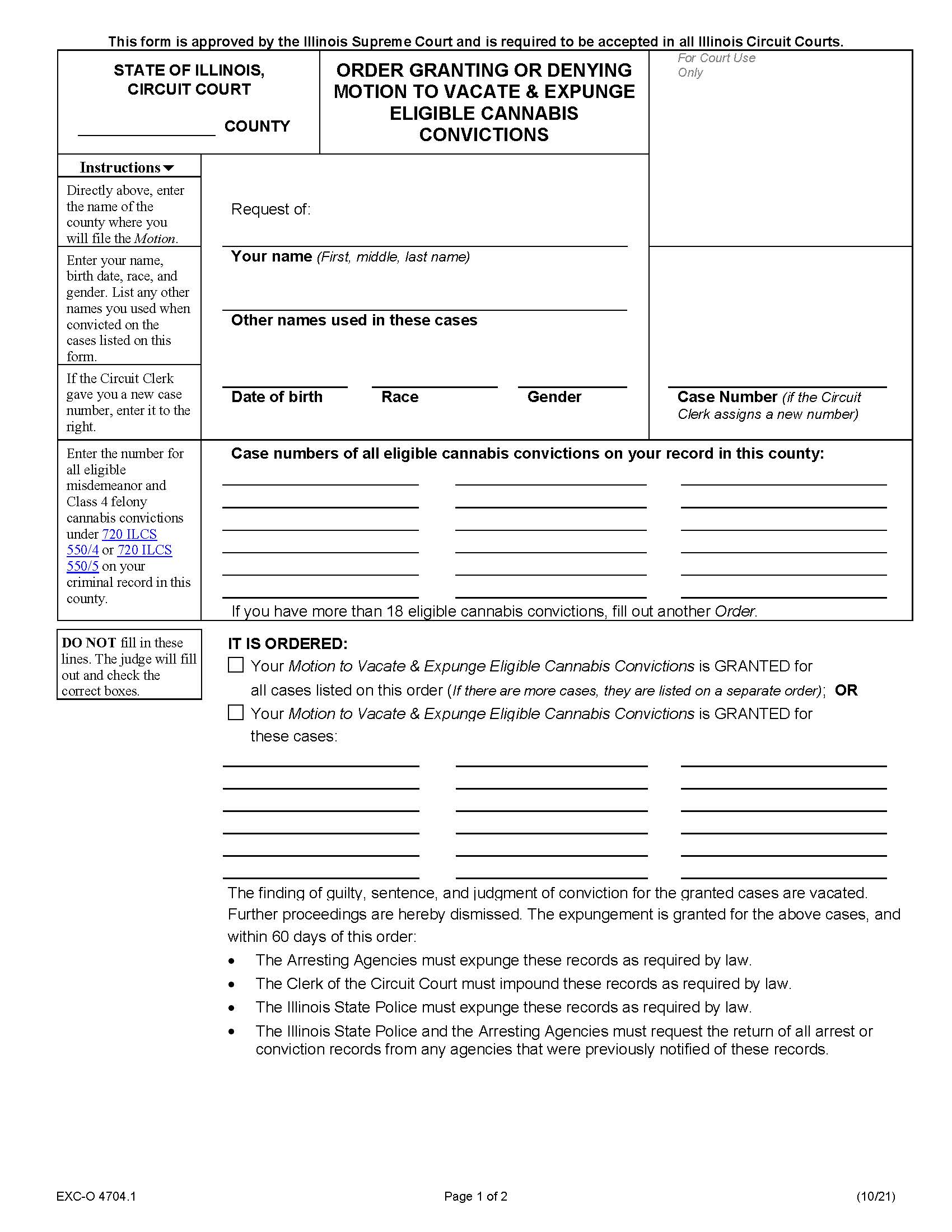 Order Granting-Denying Motion To Vacate Expunge Eligible Cannabis Convictions {EXC-O 4704.1} | Pdf Fpdf Docx | Illinois