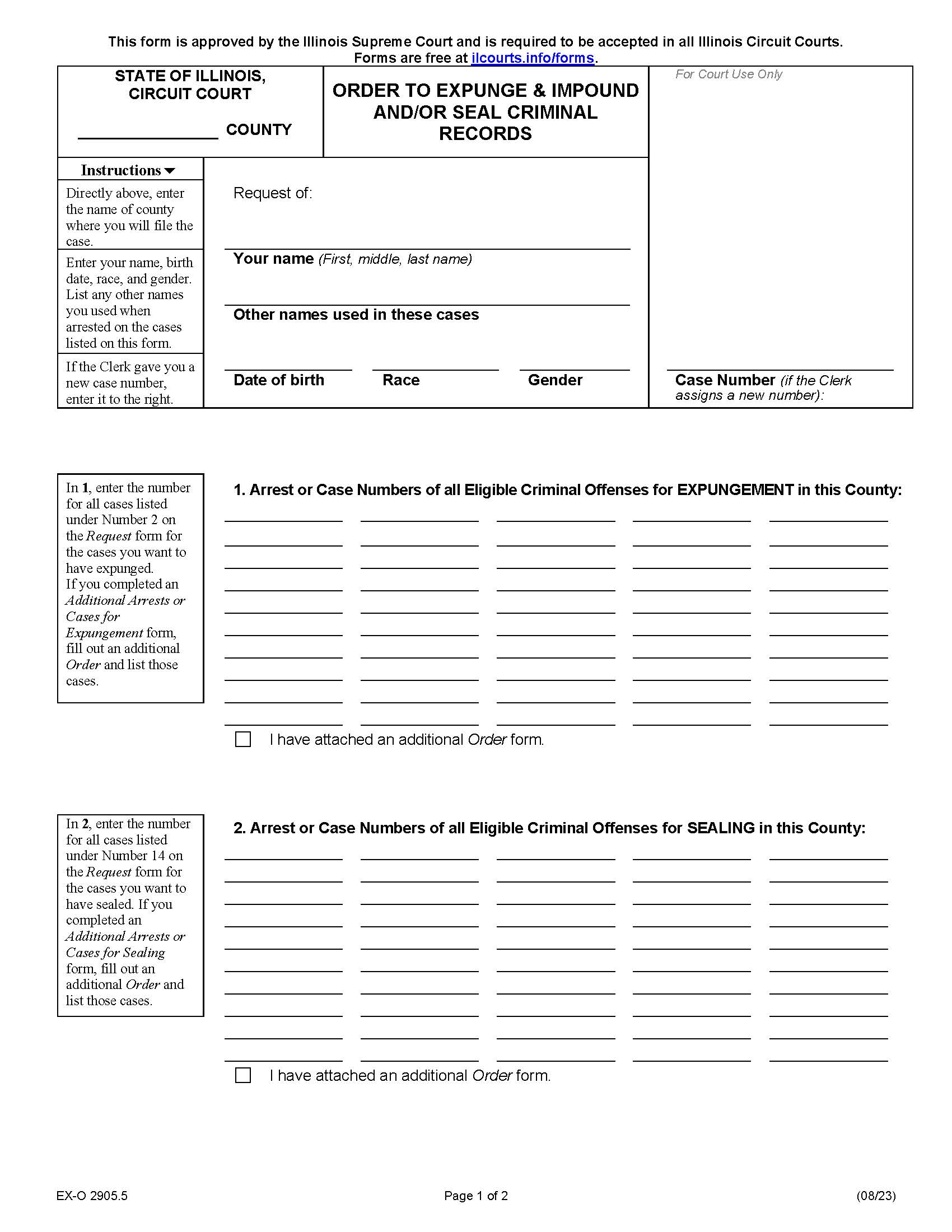 Order To Expunge Impound And Or Seal Criminal Records {EX-O 2905.5} | Pdf Fpdf Docx | Illinois