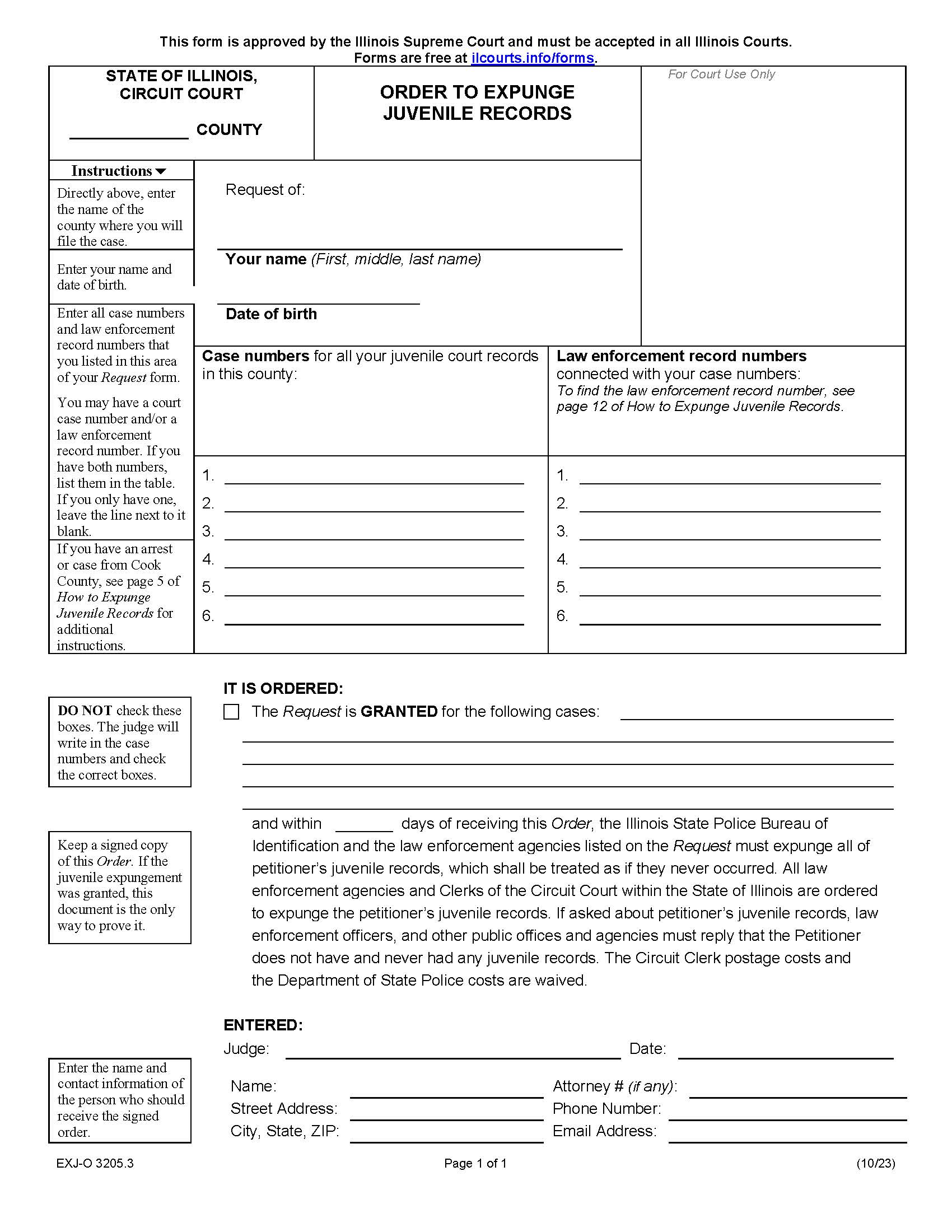 Order To Expunge Juvenile Records {EXJ-O 3205.3} | Pdf Fpdf Docx | Illinois